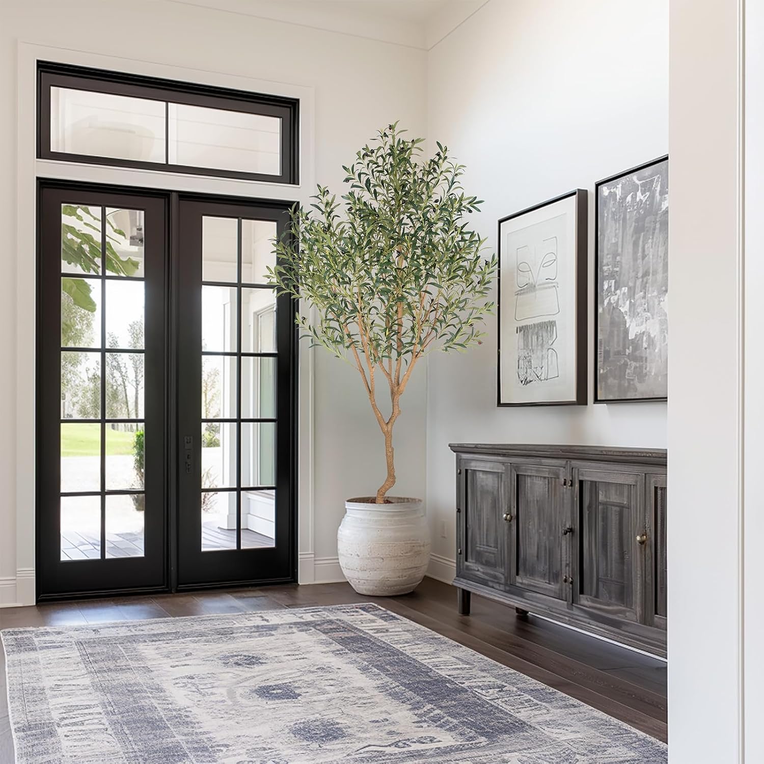 Tall Faux Olive Tree，8ft（96in） Realistic Potted Silk Artificial Olive Tree， Fake Olive Trees Indoor with Green Leaves and Big Fruits for Home Office Living Room Stairs Patio Decor.