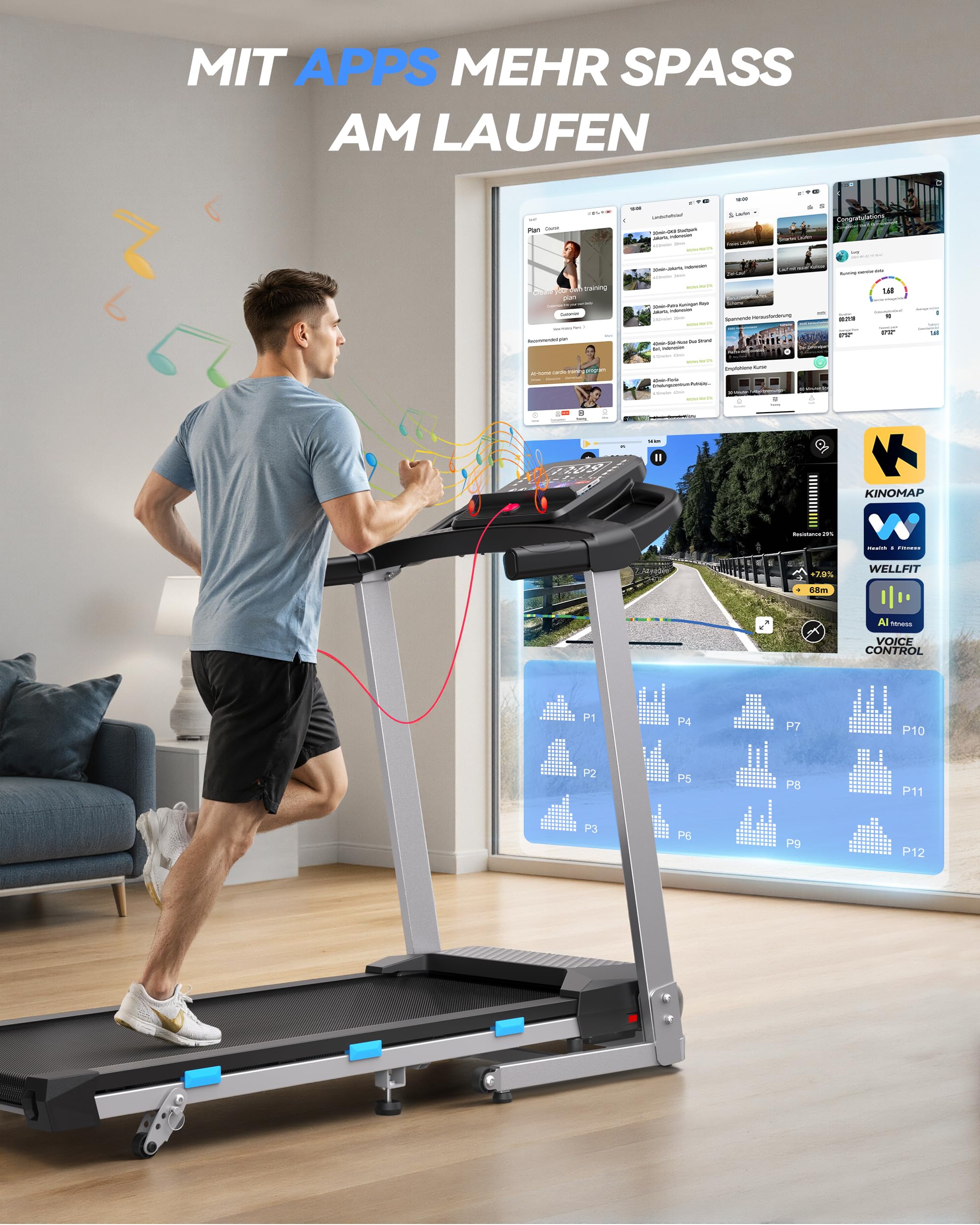 Laufband für Zuhause Klappbar, 12 km/h Treadmill mit 12 HIIT Programme, 3,5PS Leise Laufband mit Steigung, LED-Anzeige, Sprachsteuerung, Bluetooth-Lautsprecher, APP, Laufbänder bis 180KG