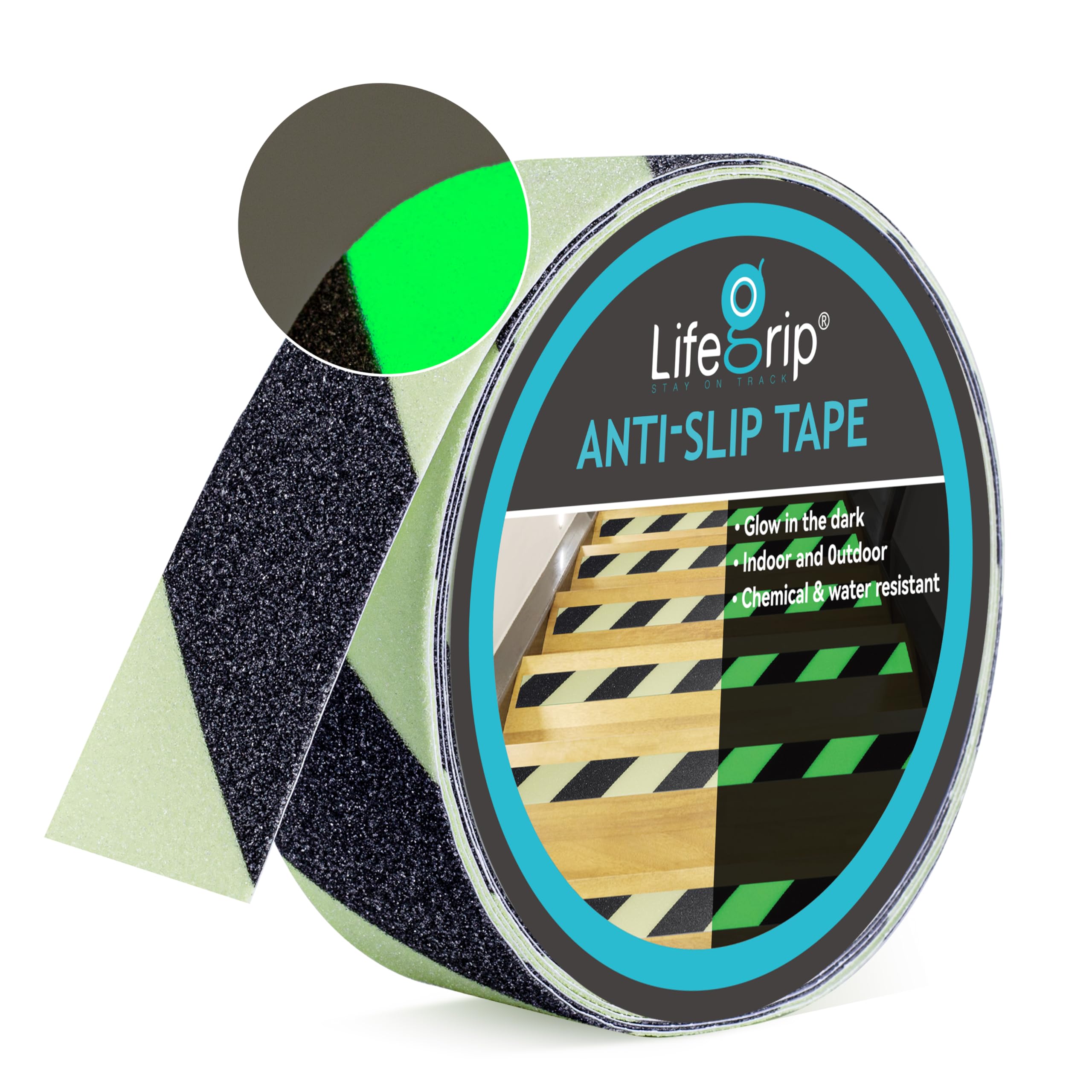 LifeGrip Anti Slip Traction Tape with Glow in Dark Green, 2 Inch x 38 Feet - Best Grip, Friction, Abrasive Adhesive for Stairs, Tread Step, Indoor and