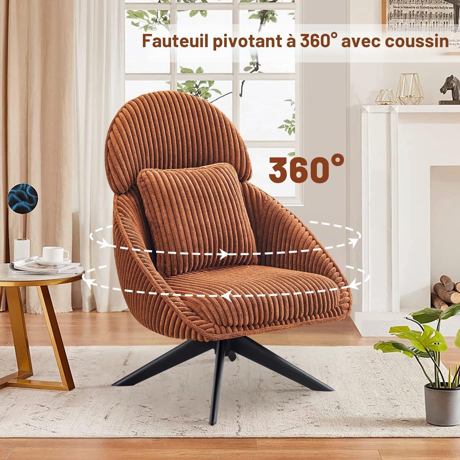 Fauteuil Salon Relax Pivotant à 360°, Fauteuil Rembourré Chambre à Coucher avec Coussin épais Amovible, Fauteuil de Bureau Fauteuil de Lecture pour Salon Chambre à Coucher Bureau, Orange