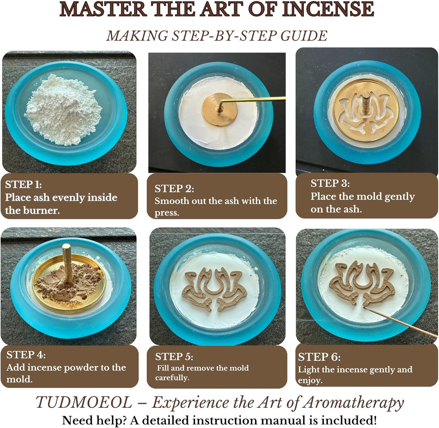 Powder Incense Burner Kit with Brass Censer, Incense Ash Tools and Mold Press Set, Complete Gift Box for Meditation, Yoga and Home Relaxation