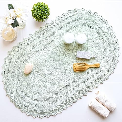 Miniatura 4 de RAJRANG Meadow Mist - Alfombra de baño ovalada de 24 x 17 pulgadas, paquete de 2 tapetes de baño reversibles de ganchillo de algodón para decoración