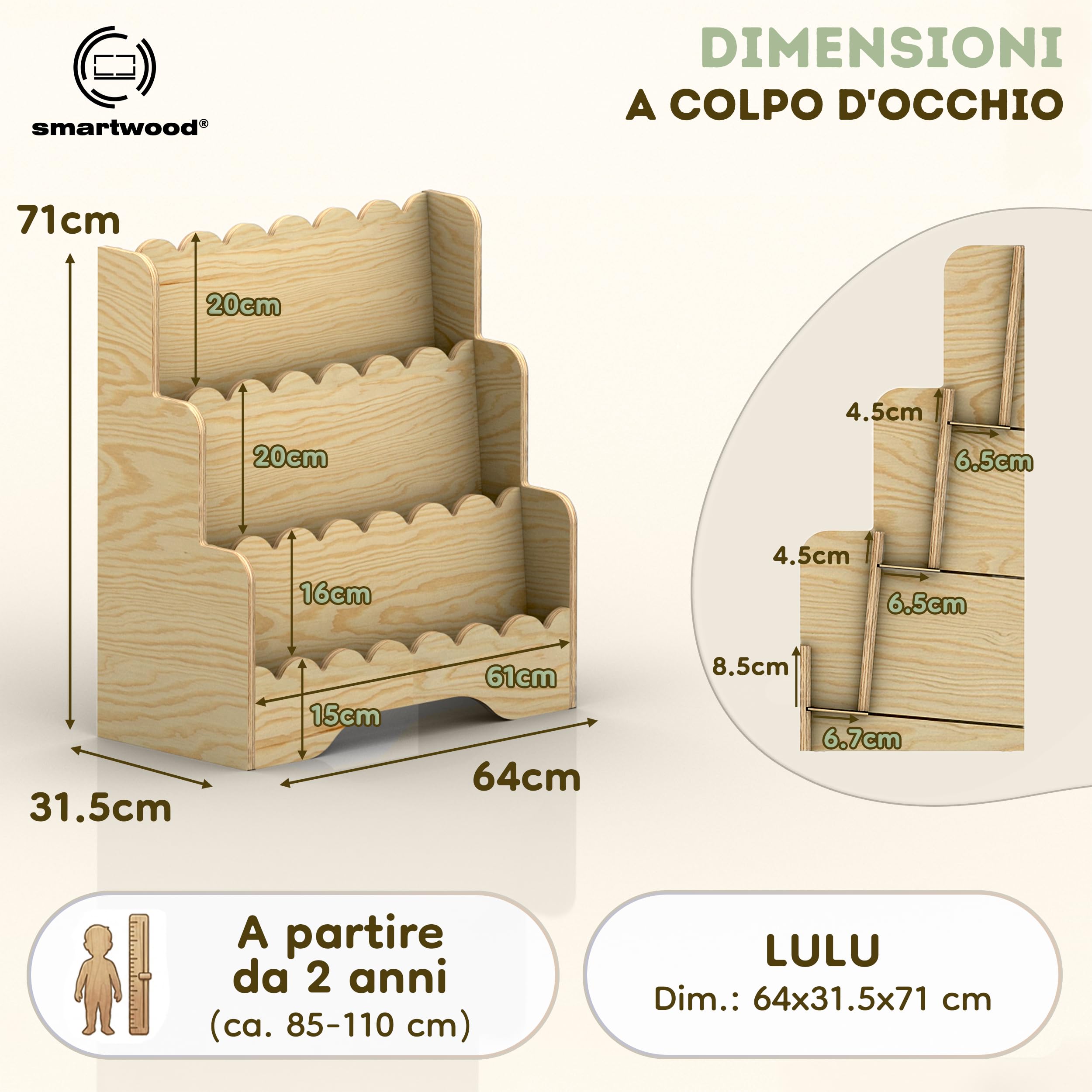 smartwood Libreria Montessoriana per Bambini - Scaffale per Cameretta con 3 Scomparti di Pino Certificato FSC per Libri e Giocattoli 64x31,5x71 cm - Struttura Stabile e Montaggio Facile - LULU