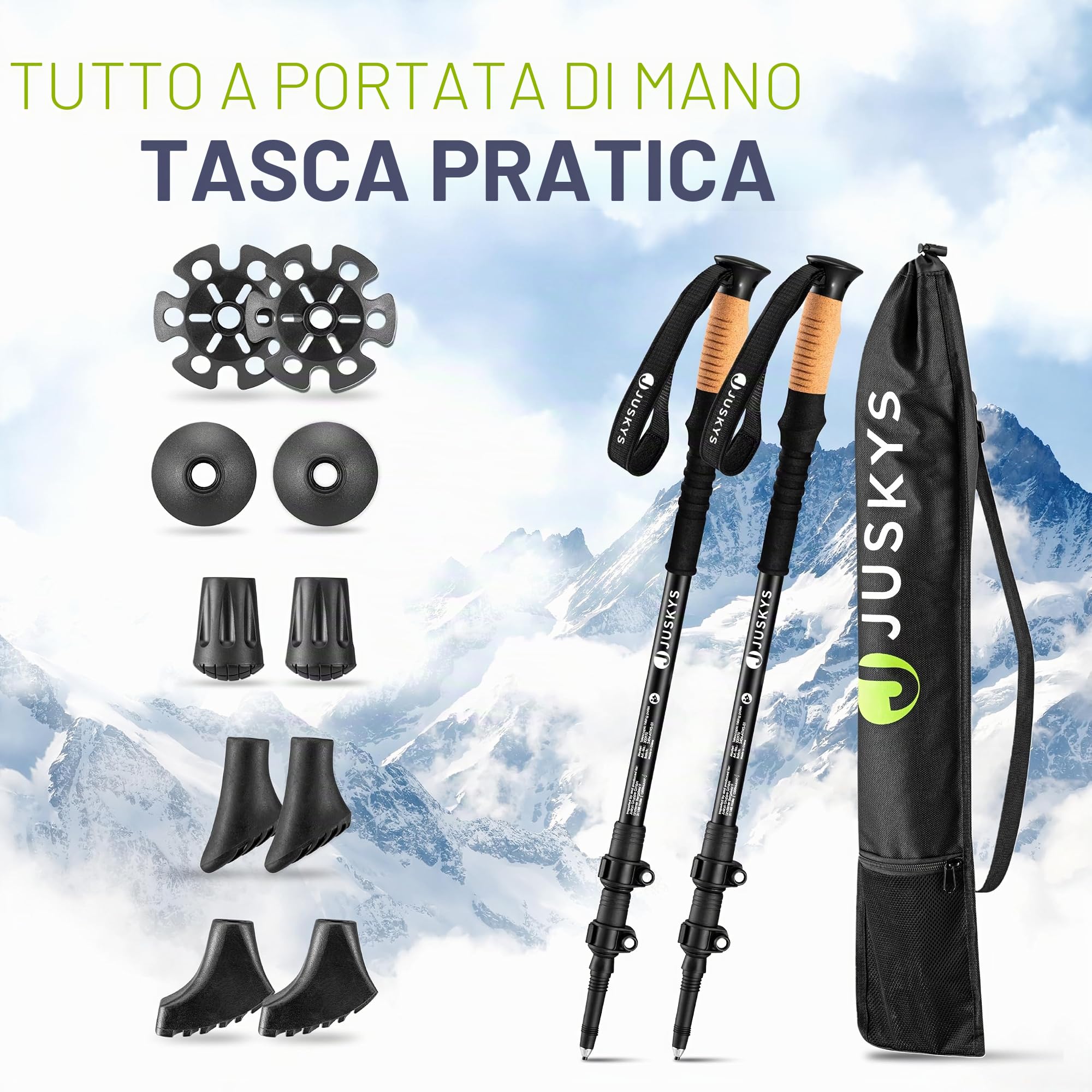 Juskys bastoni Nordic Walking - 2 bastoni telescopici in alluminio, leggeri e allungabili, da donna e da uomo, con puntale in gomma e sacchetto, impugnatura in sughero - nero