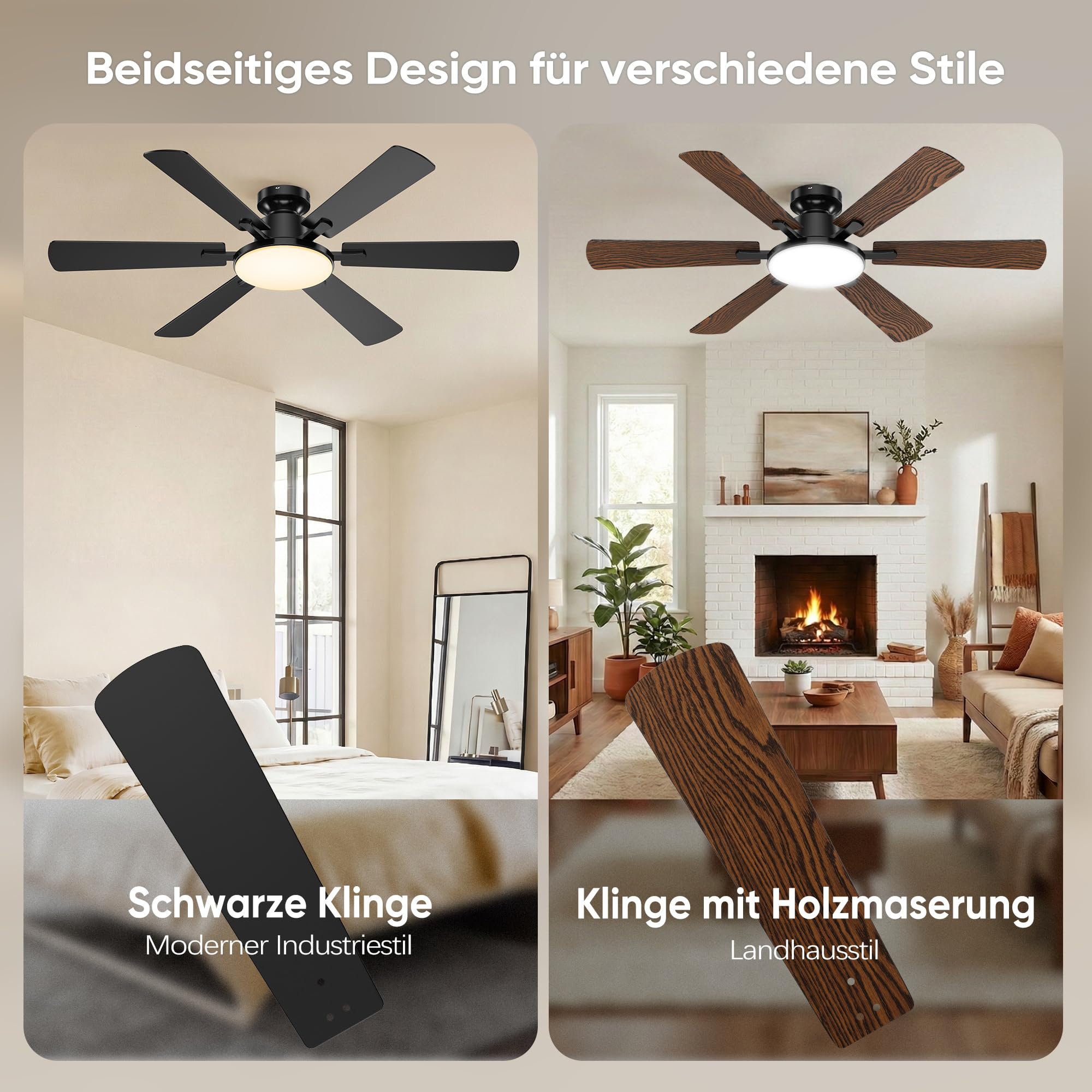 ROTTOGOON Deckenventilator mit Beleuchtung 132cm Leise Reversible DC Motor | Deckenventilator mit licht und fernbedienung, 6 Flügel 6 Gänge, 3CCT, Doppelseitige Flügel für Schlafzimmer Wohnzimmer