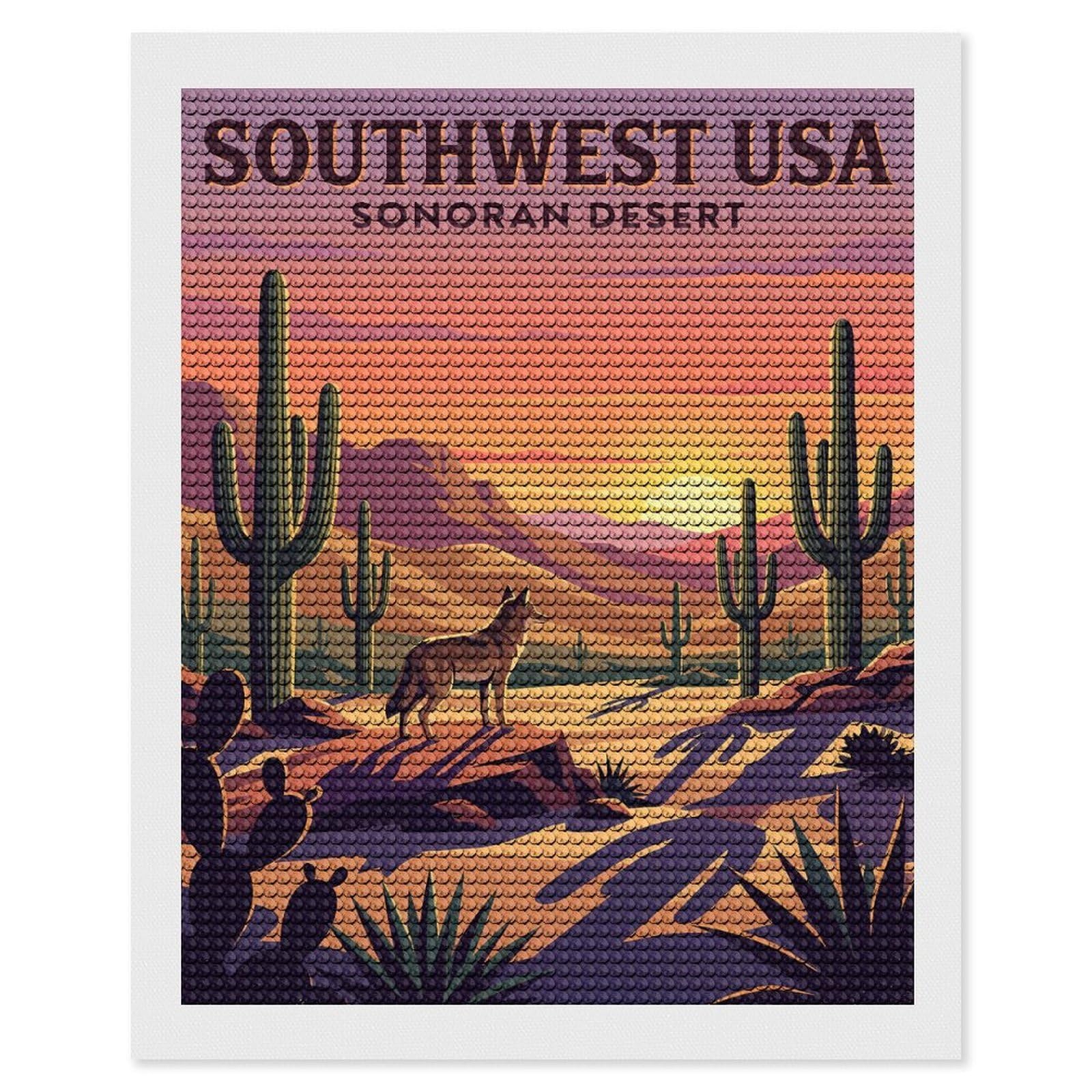 Junmoney Southwest USA Sonoran Desert Coyote Diamond Painting Set 16"x20", for Beginners, Modern Decor, Simple to Start, Gift Idea, Pleasing Wall Art Project