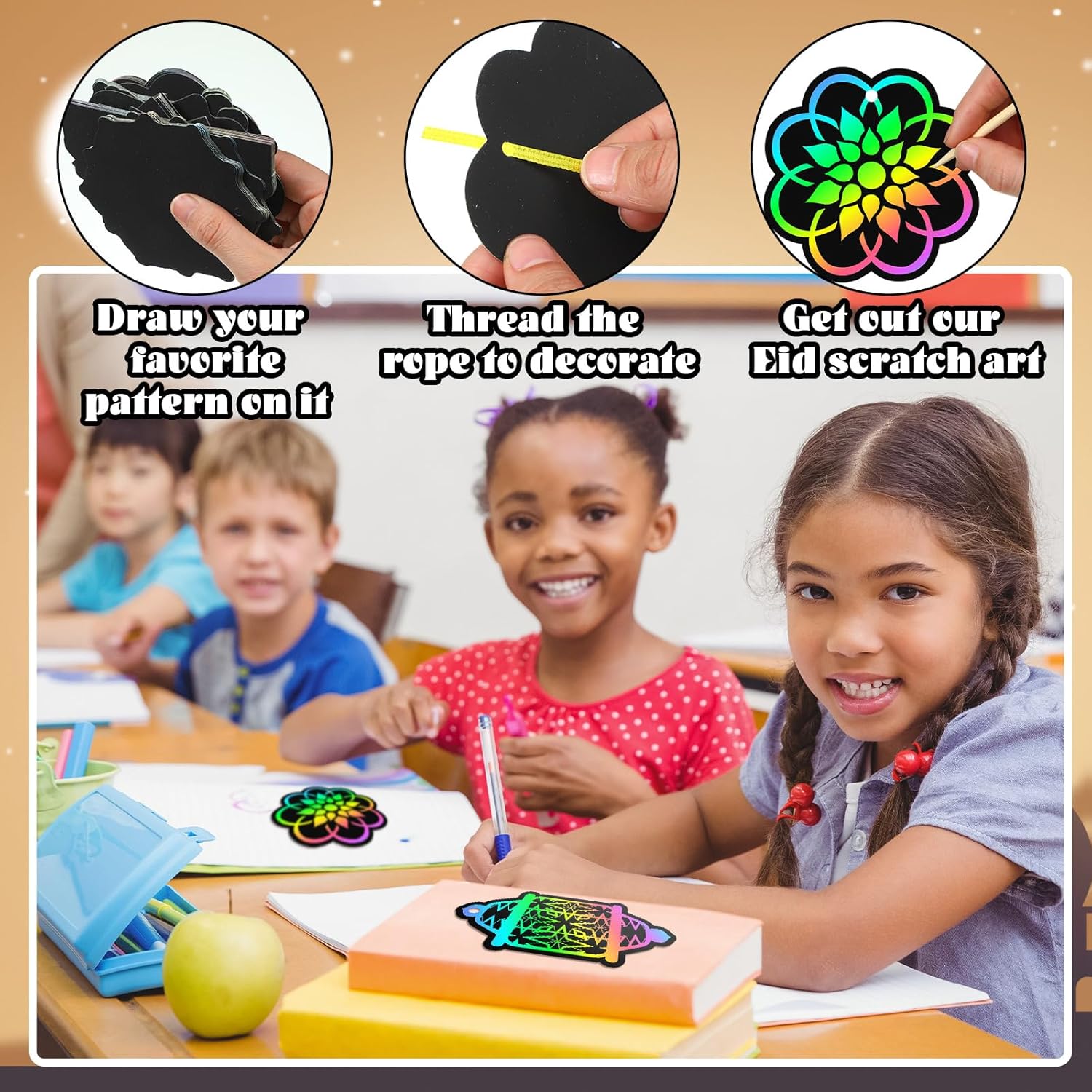 Deekin 120 Pcs Eid Scratch Paper Set Ramadan Crafts Scratch Cards Hanging Ramadan Gifts Eid Magical Party Activities DIY Art Painting Project Supplies - Image 3