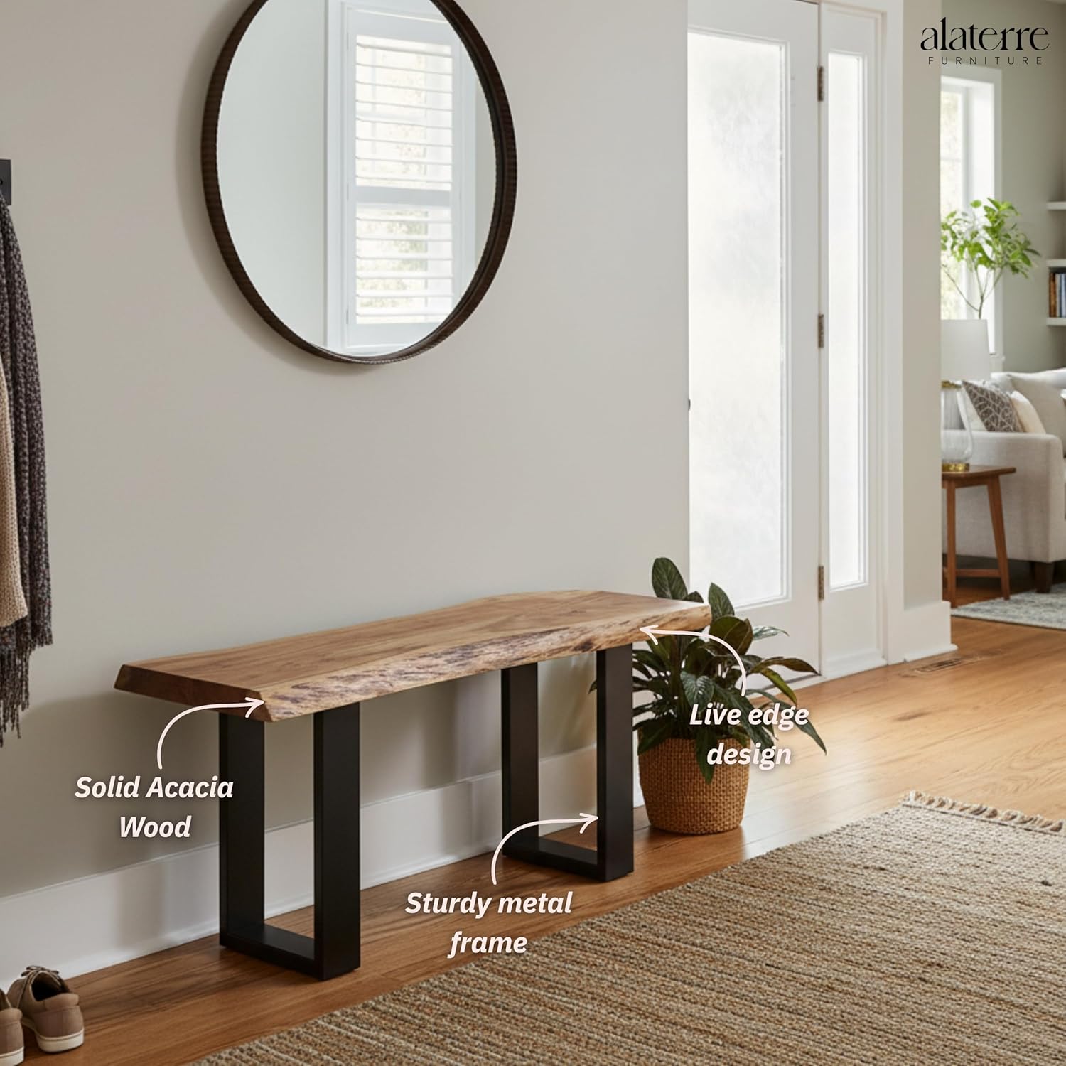 Alpine 36-Inch Live Edge Solid Acacia Wood Bench with Black Metal Legs and Floor Protectors – Unique and Durable Accent Piece for Entryways, Hallways, or Living Spaces by Alaterre Furniture