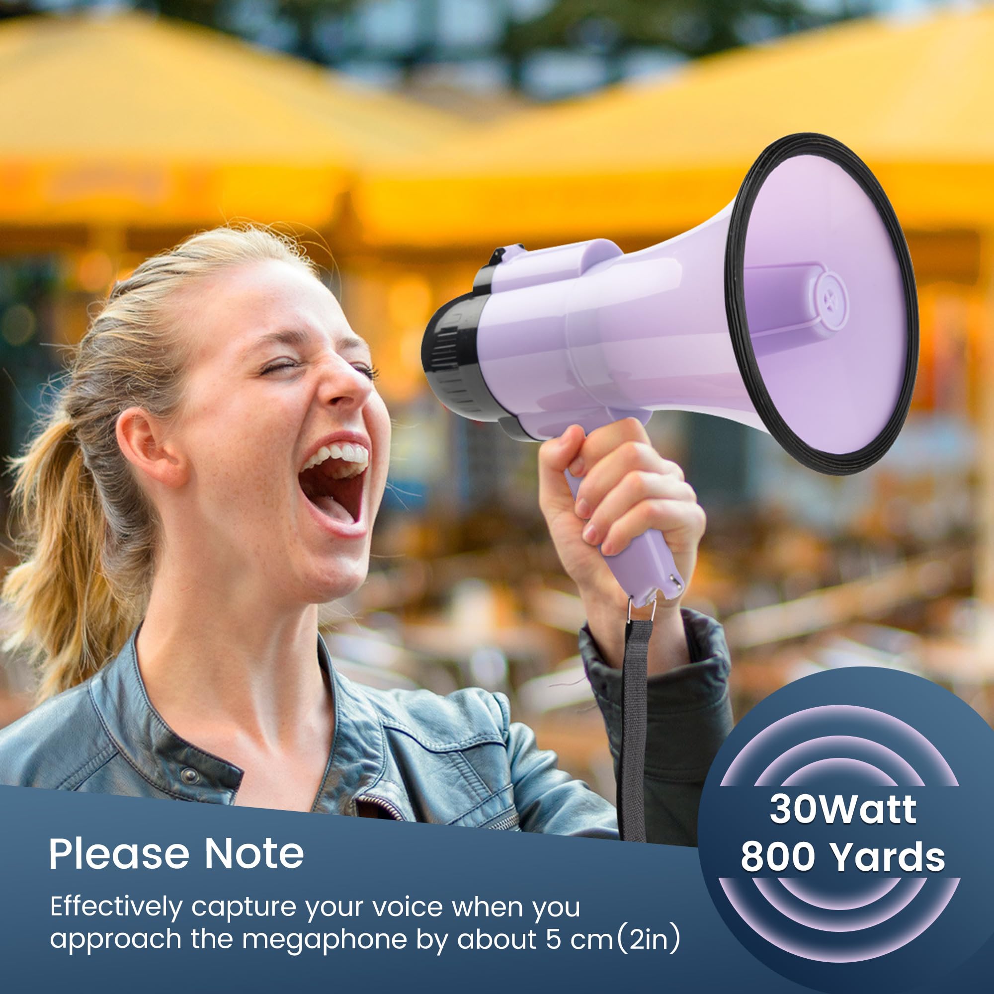 Przenośny głośnik Megafon Bullhorn o mocy 30 W, syrena/alarm, nagrywanie w 240 sekundach, z regulacją głośności i paskiem (fioletowy)