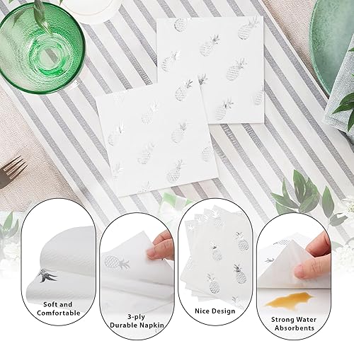 Miniatura 4 de Paquete de 80 servilletas de cóctel de papel blanco con patrón de piña de papel de aluminio plateado, suministros de fiesta (5 x 5 pulgadas, 3