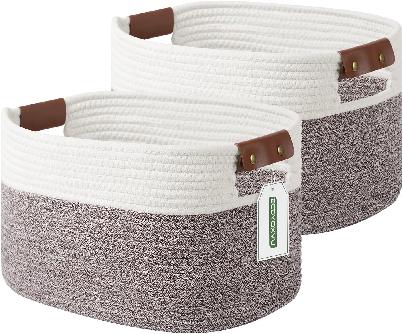 Cotton Rope Basket , Storage Baskets with Handle, 15x10x9 Inch Woven Basket for Shelves, Laundry, Towels, Clothes, Books, Toys (White Brown 2 Pack) White/Brown-2 Pack 15x10x9 inches