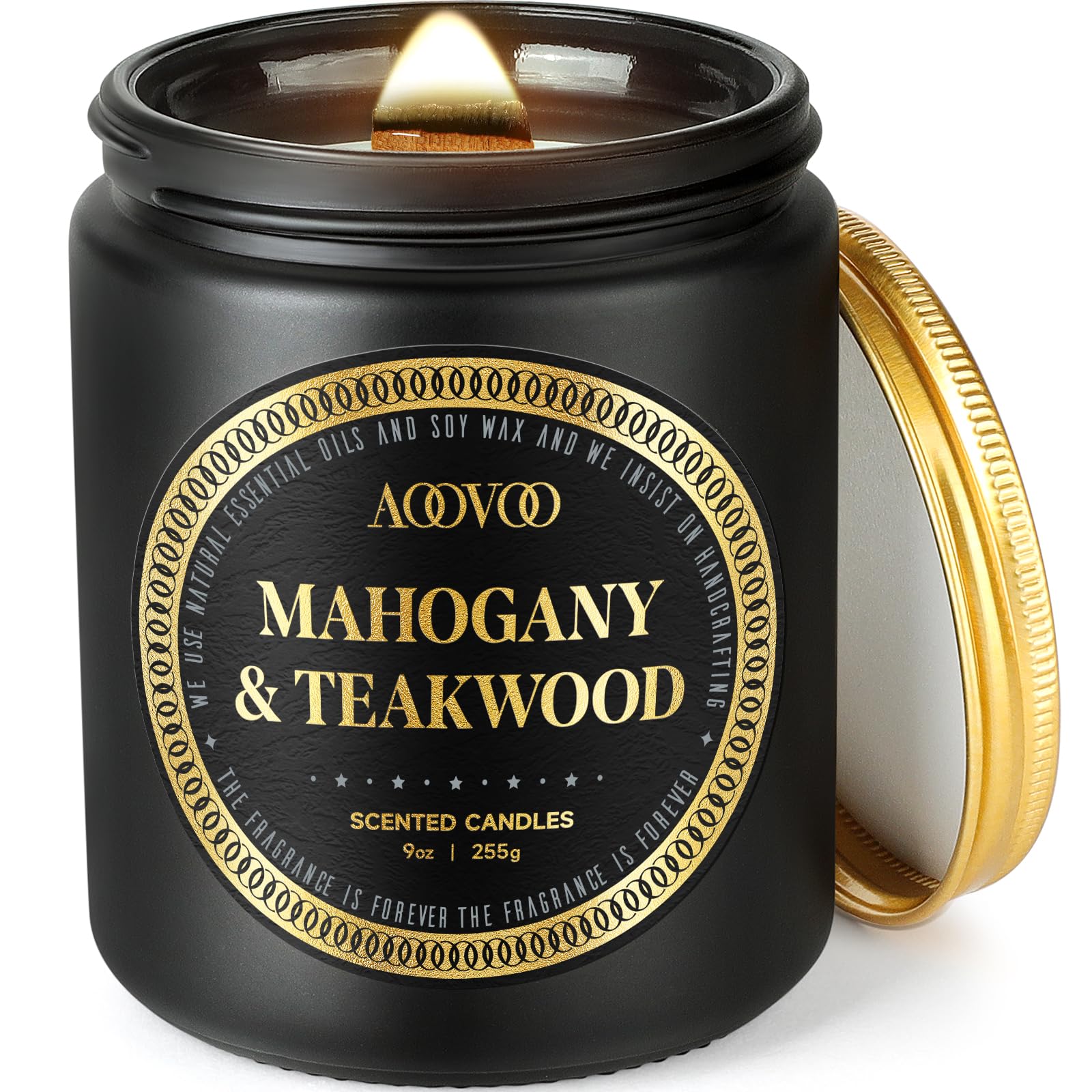 AOOVOO Scented Candles for Men - Mahogany & Teakwood Candles for Home Scented | Crackling Wood Wick Soy Candles | Strong Fragranced Masculine Black Candle Gift for Women & Men, 9ozClimeCo Certified