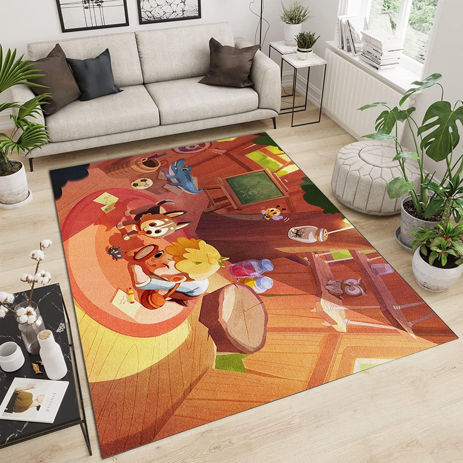 Kids and Fox Cartoon Area Rug NonSkid Cozy Entryway Rugs