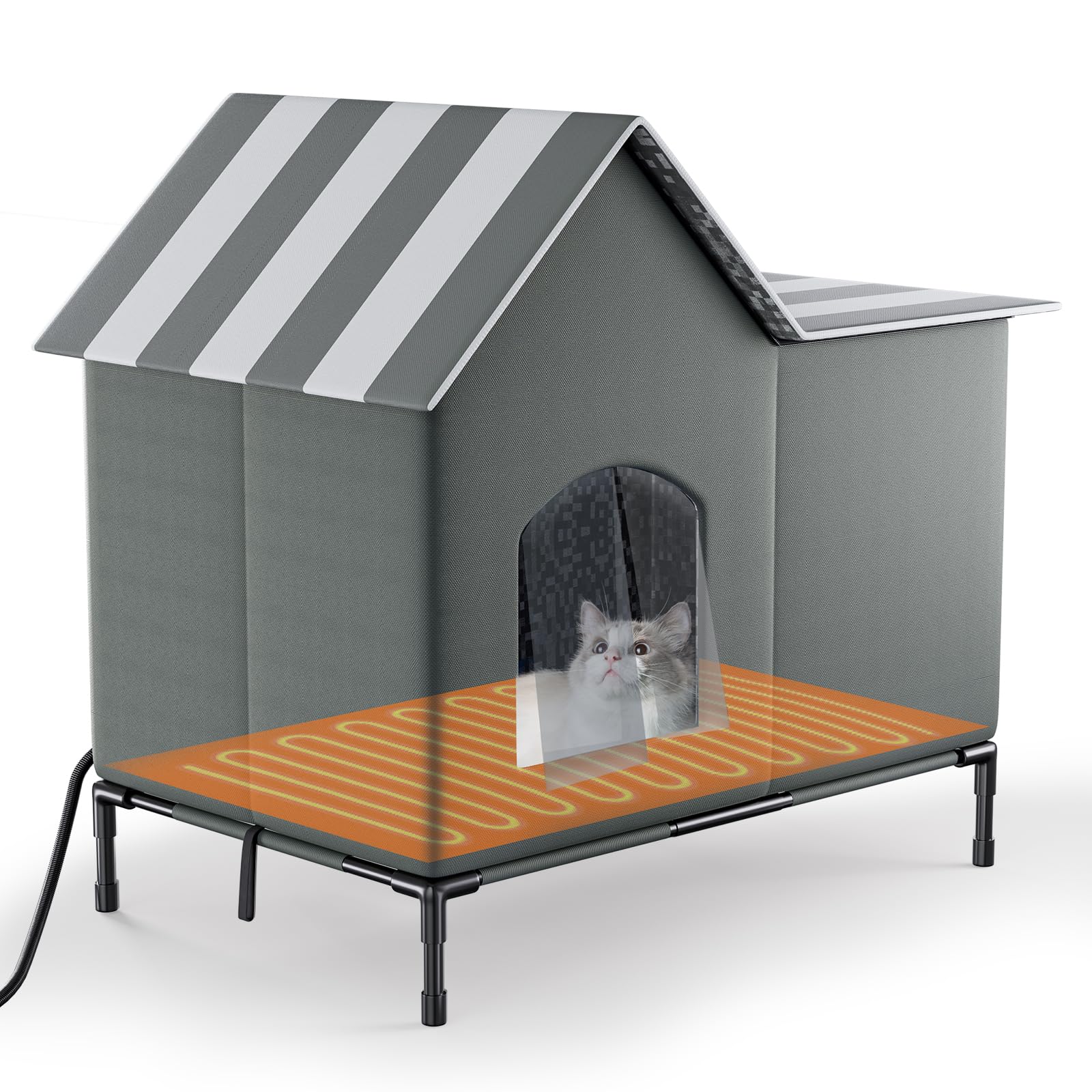 Heated Cat House for Outside: Weatherproof and Insulated Outdoor Cat House for Winter, Elevated Feral Cat Shelter with Heating Pad for Multiple Kittens, Warm Bed in Outdoor Waterproof Cats Stray