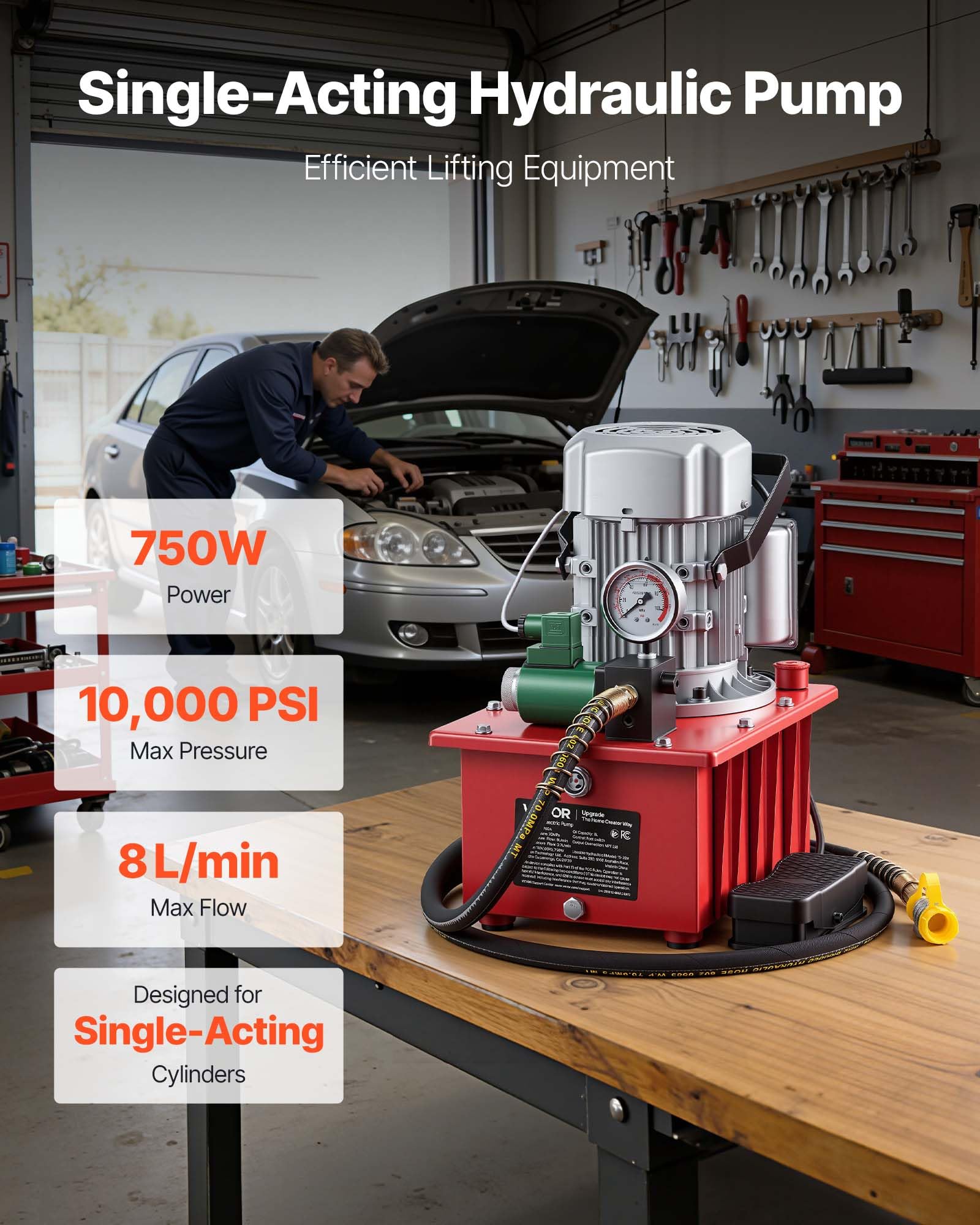 VEVOR Pompa Idraulica Elettrica 750 W a Effetto Singolo 10000 PSI, Pompa Elettroidraulica con Interruttore a Pedale, Centralina Idraulica con Serbatoio Olio Capienza 8 Litri per Punzonatrua Piegatura