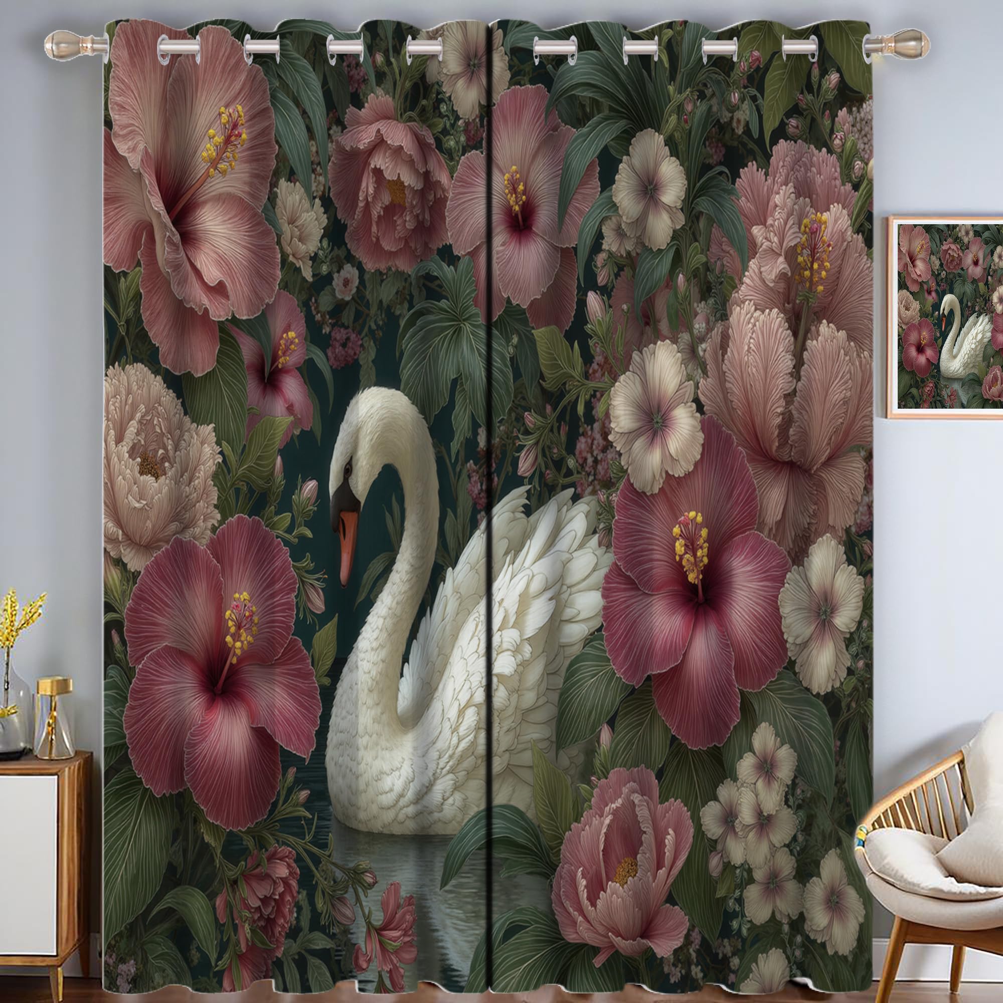 Rideau occultant d'hibiscus et de cygnes rose | Rideaux thermiques à oeillets pour chambre 137H