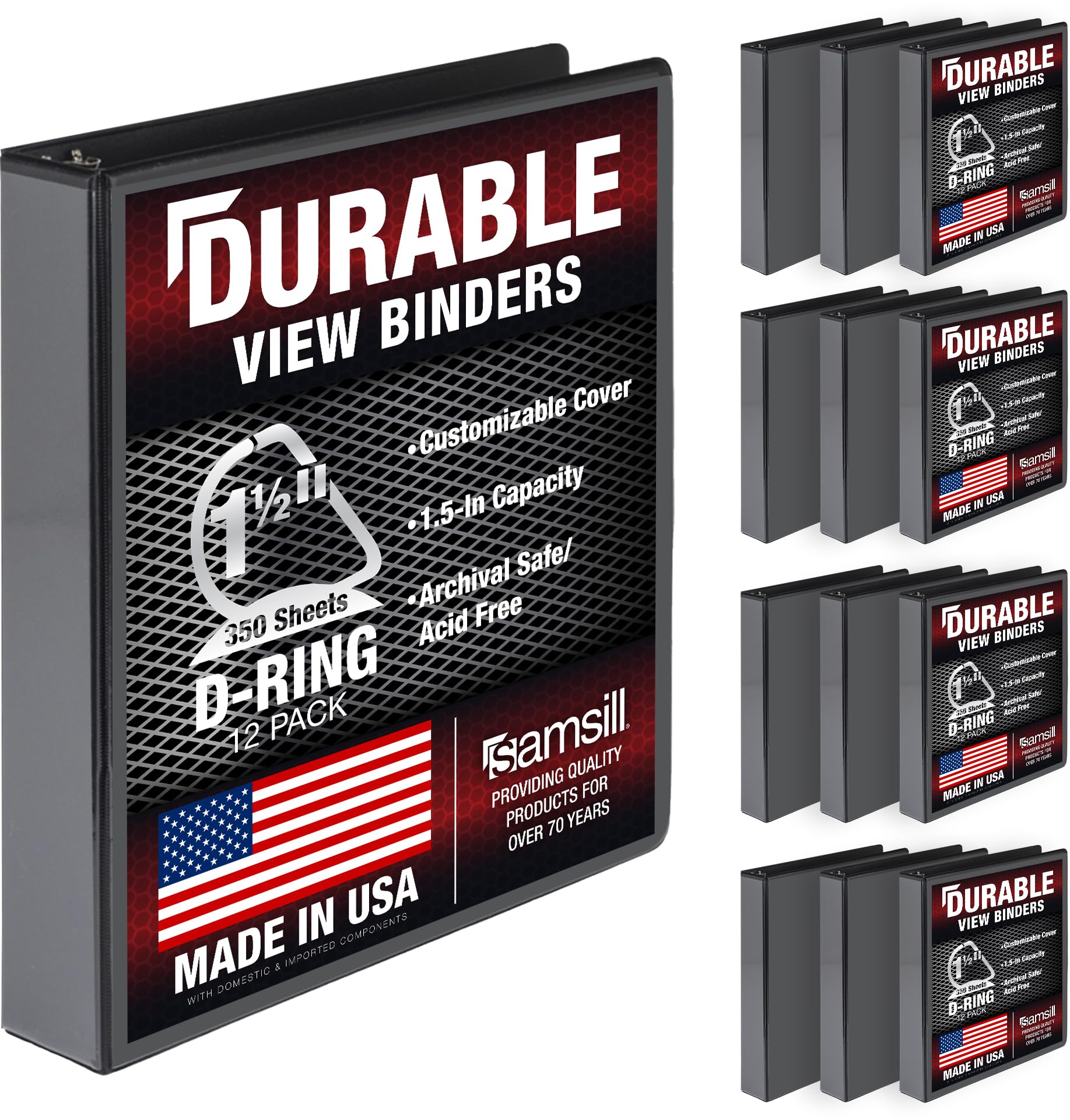 Samsill Durable 1.5 Inch Binder, Made in The USA, D Ring Binder, Customizable Clear View Binder, Black, 12 Pack, Each Holds 350 Pages
