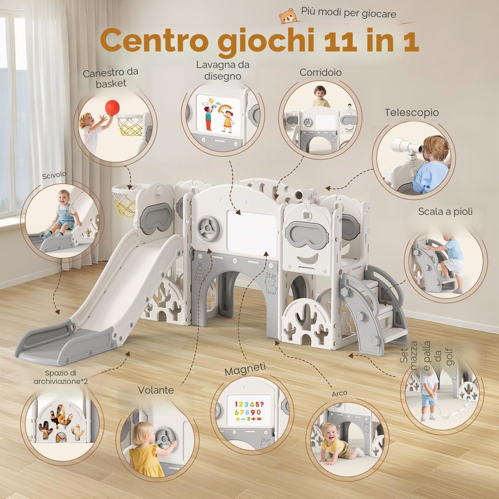 Scivolo per bambini 11 in 1, scivolo per bambini da interno ed esterno con canestro da grande con cestino da basket, telaio da arrampicata per giardino, spazio di archiviazione