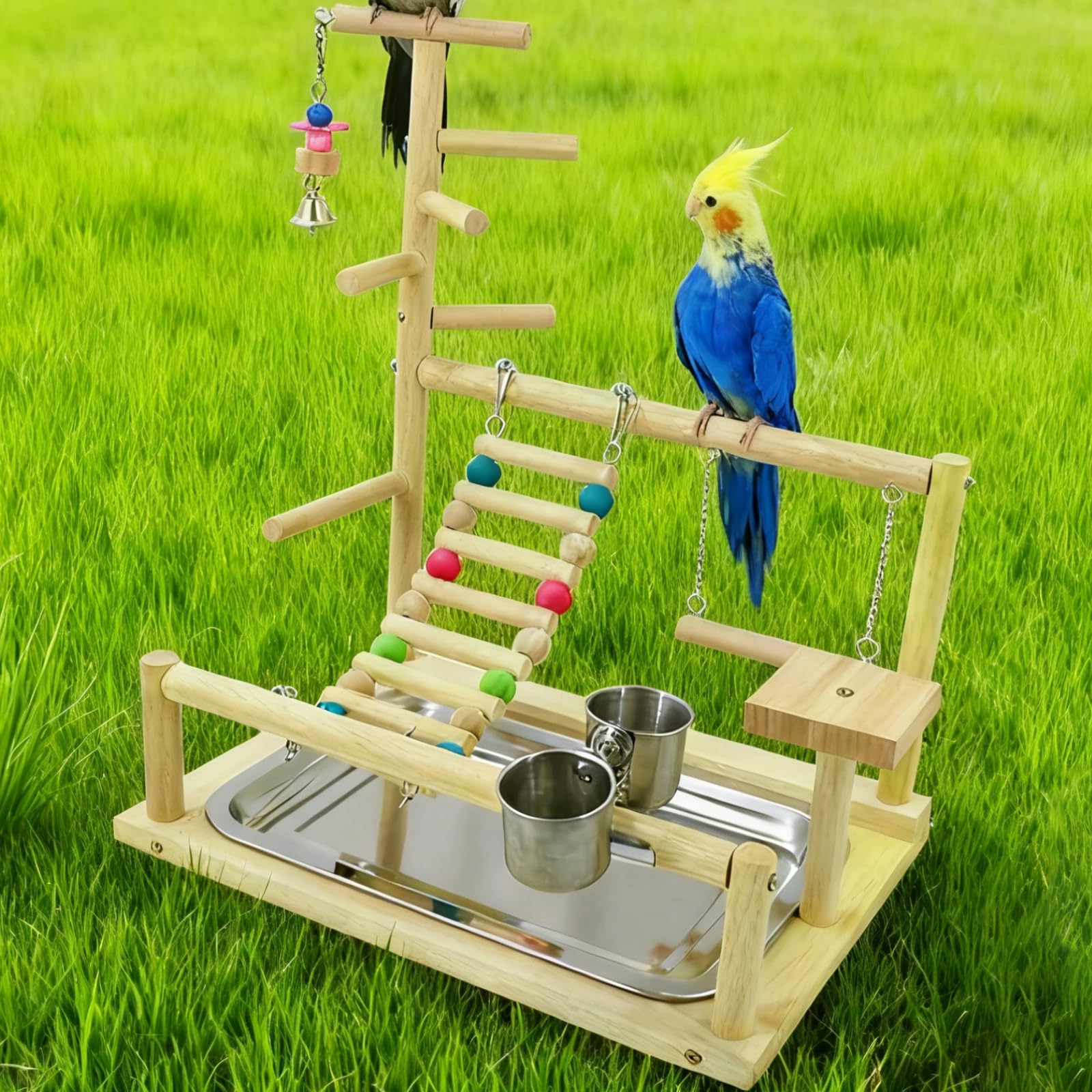 Papageien-Spielständer mit Leiter und Schaukel, Naturholz, 26 cm breit