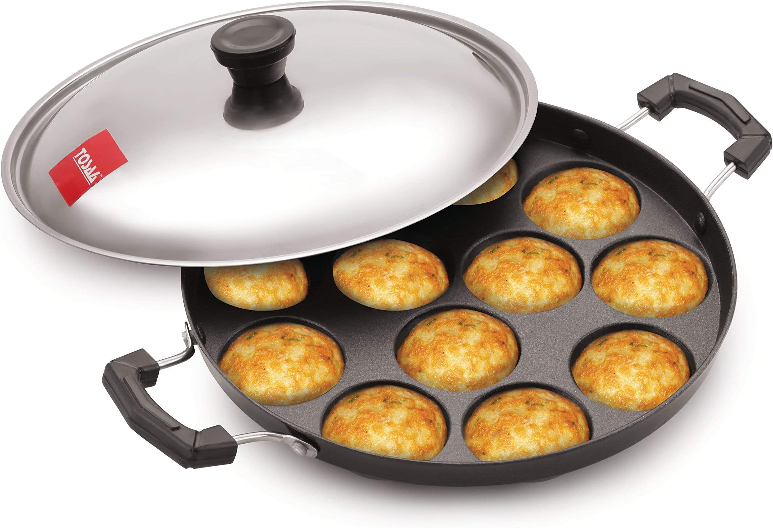 TOSAA 12 Cavity Appam Patra Side Handle with Lid, 23 cm, Black