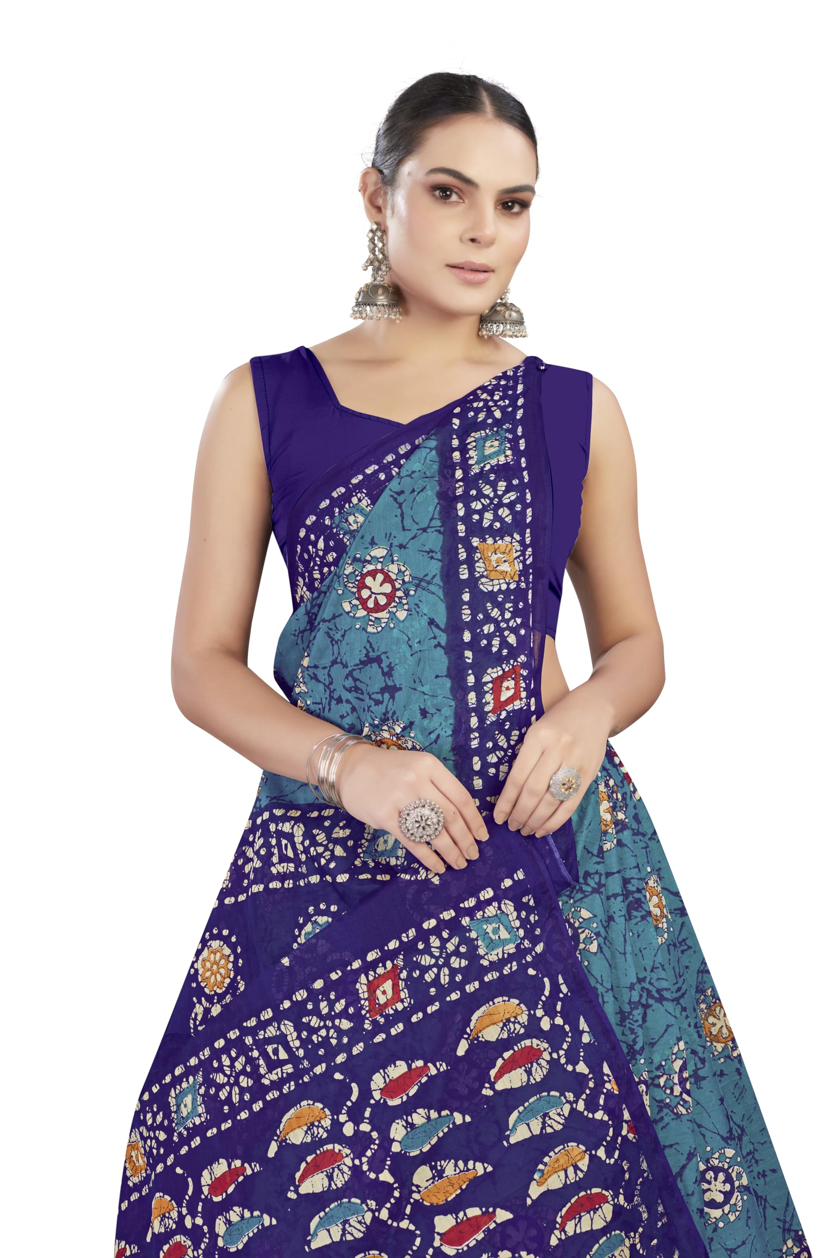 Tamaira Fashion Women's Batik Printed Pure Cotton Mulmul Saree Without Blouse Piece(Ab47_Tealblue)