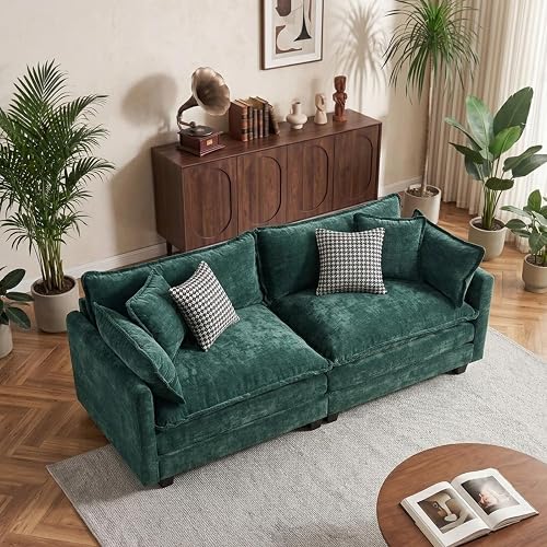 77.95" Chenille Sectional Sofa, Cloud Couch with Pillow,Deep Seat,Green