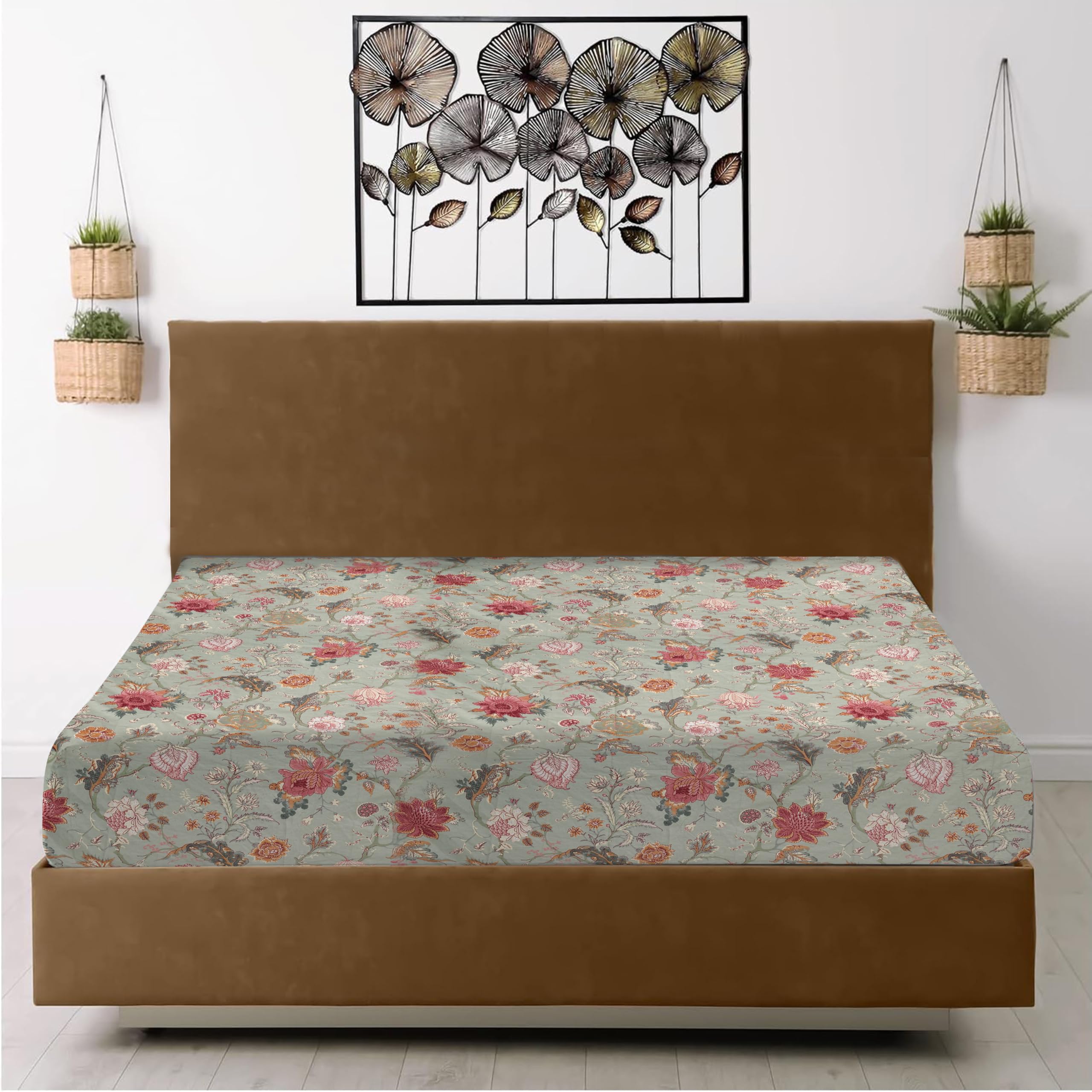 RAYBedding Printed Double Fitted Sheet 100% Egyptian Cotton Floral Pattern 400 Thread Count 30cm/12” Extra Deep Fitted Double Bed Sheets — image 1