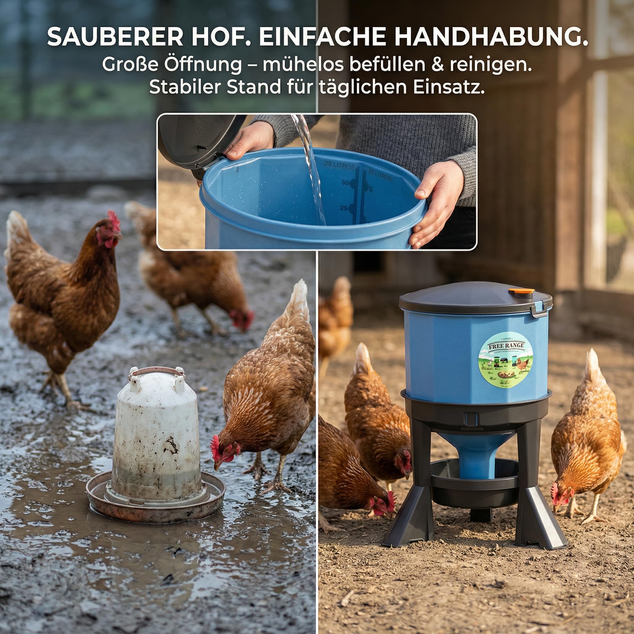 Bebedero para pollo de 25 l, sin BPA y resistente a los rayos UV, con nivel de agua ajustable | Bebedero para aves de corral, gallinas, gran orificio de llenado, fácil de llenar, fabricado en la UE