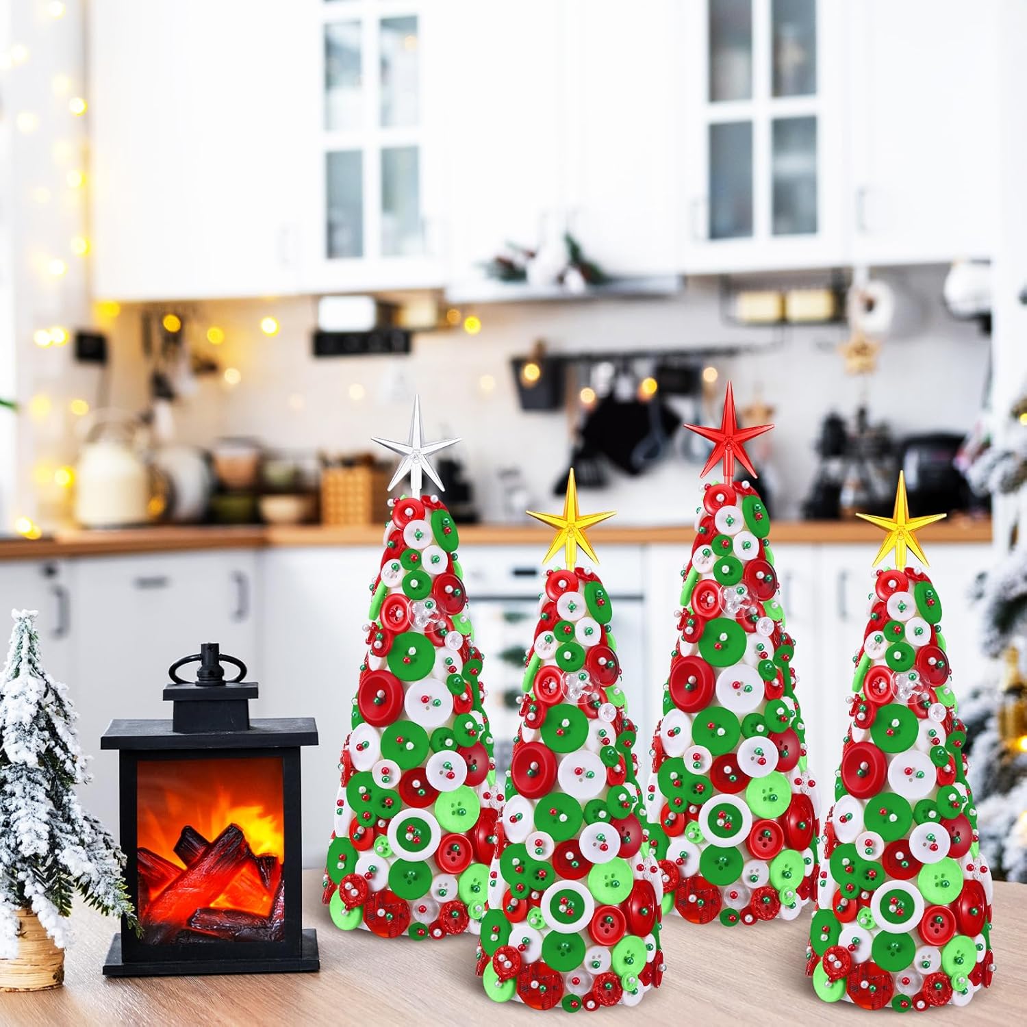 Rotatingpals 4 Set 9.84 Inch DIY 2025 Christmas Tree Decorations Foam Cones With Resin Buttons, Head Pins, Star Topper for Home Table Centerpiece Crafts Xmas Party Decoration