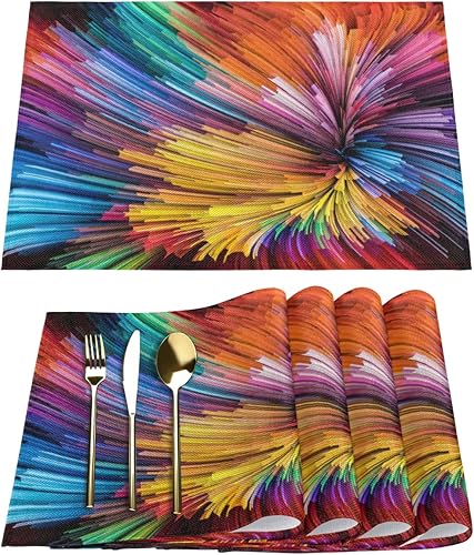 Juego de 6 manteles individuales cuadrados de tela abstracta colorida para mesa de cocina, resistentes al calor, fáciles de limpiar, 12 x 18 pulgadas