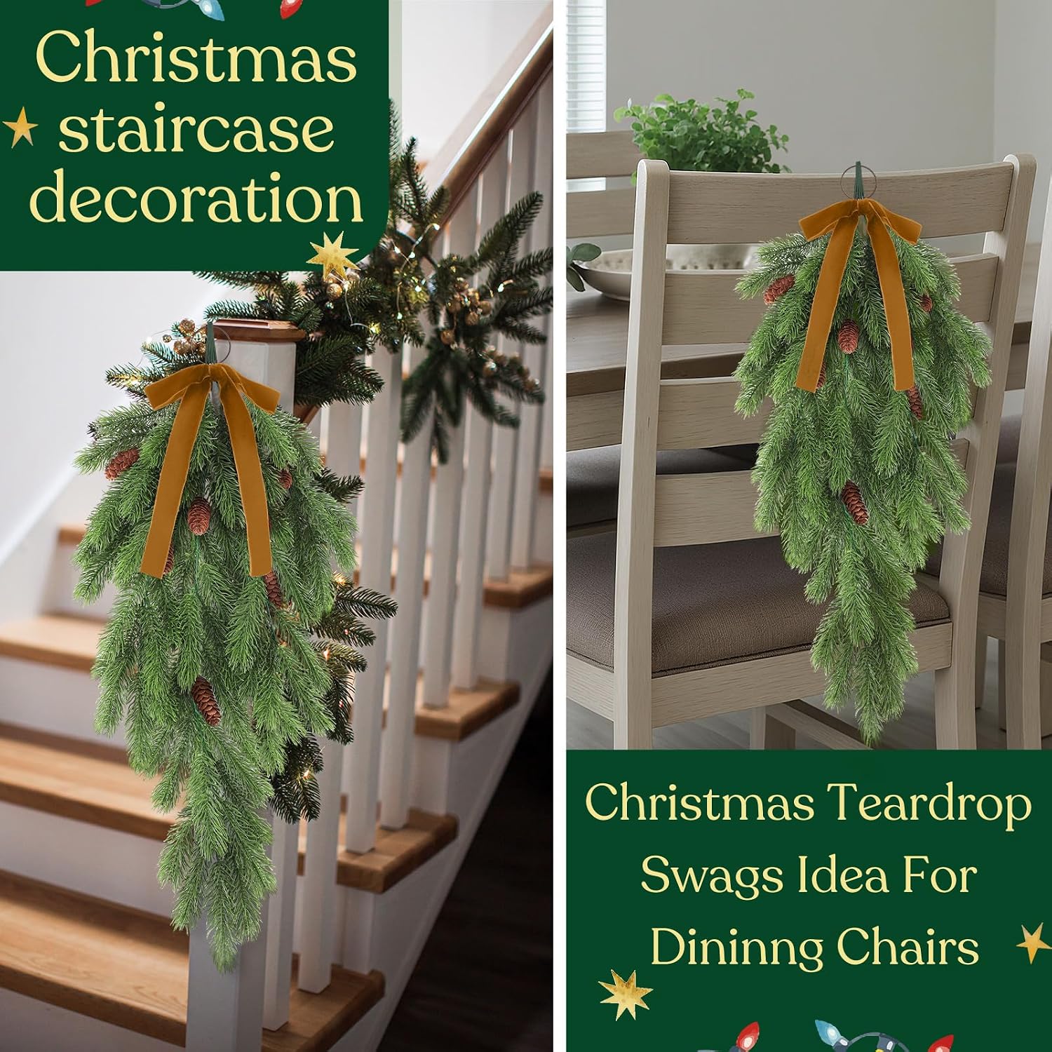 Thiccywoov 6 Pack Christmas Teardrop Swags with Velvet Bows 24 Inch Rustic Artificial Pine Greenery Teardrop Wreath for Holiday Front Door Stair Mantle Fireplace Wall Indoor Outdoor Decor(Khaki)