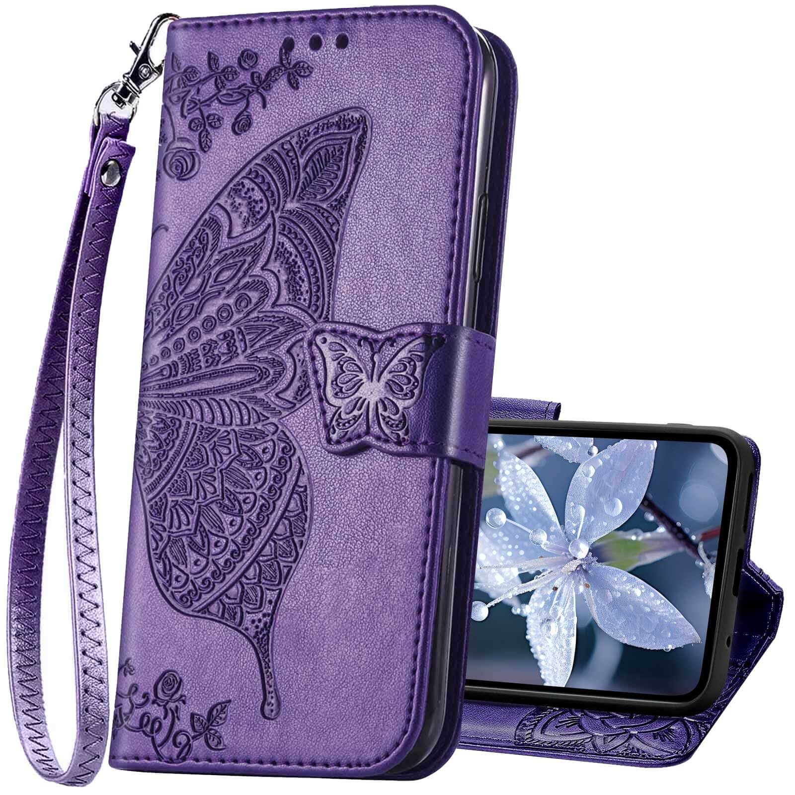 for Samsung Galaxy S25 Edge 5G Phone Case Wallet,Women Flip Folio Butterfly Embossed PU Leather with Credit Card Holders Kickstand Wrist Strap Purse Cover (Purple)