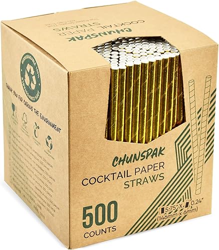Chunspak Pajitas y agitadores desechables de papel dorado corto de 5.75 pulgadas, para cócteles, bebidas cortas, bodas, fiestas, bares y