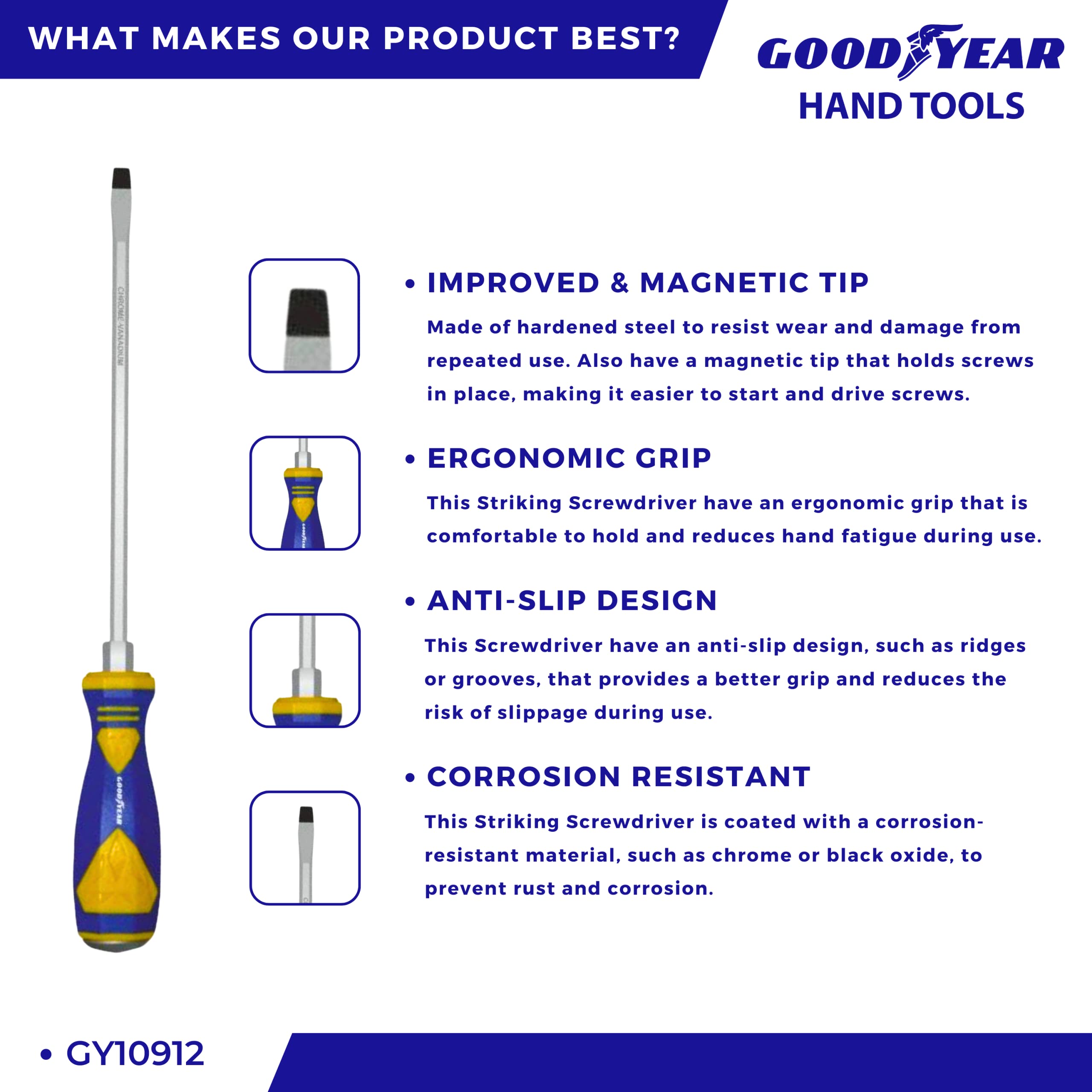 Goodyear Striking Screwdriver Slotted Head, Magnetic Tip, Chrome Vanadium (150mm X 6mm, silver) - Image 5 thumbnail