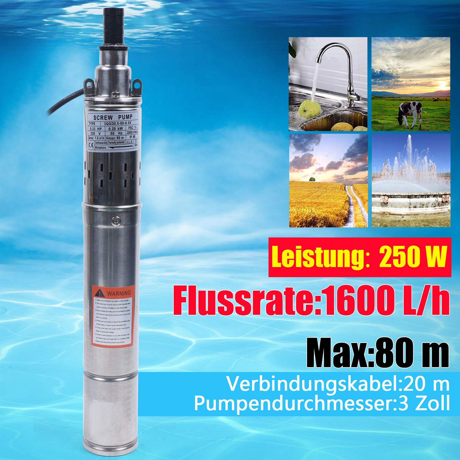 Bomba sumergible para pozos profundos, 1600 l/h, 250 W, 80 m, altura de extracción, bomba de tubo, bomba sumergible para pozos, ideal para riego o suministro de agua