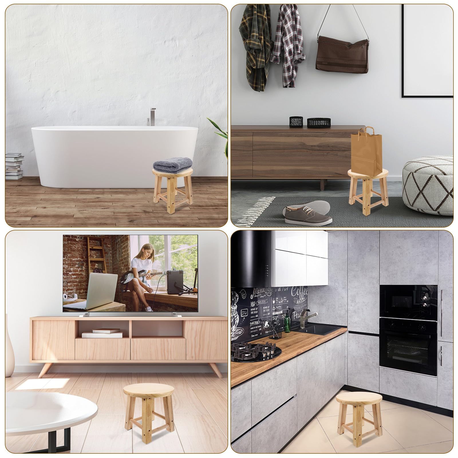 Mini sgabello rotondo in legno antiscivolo creativo 25 x 25 cm – perfetto per cambiare le scarpe del bagno, accovacciarsi o usare il WC, decorazione per la casa, design salvaspazio