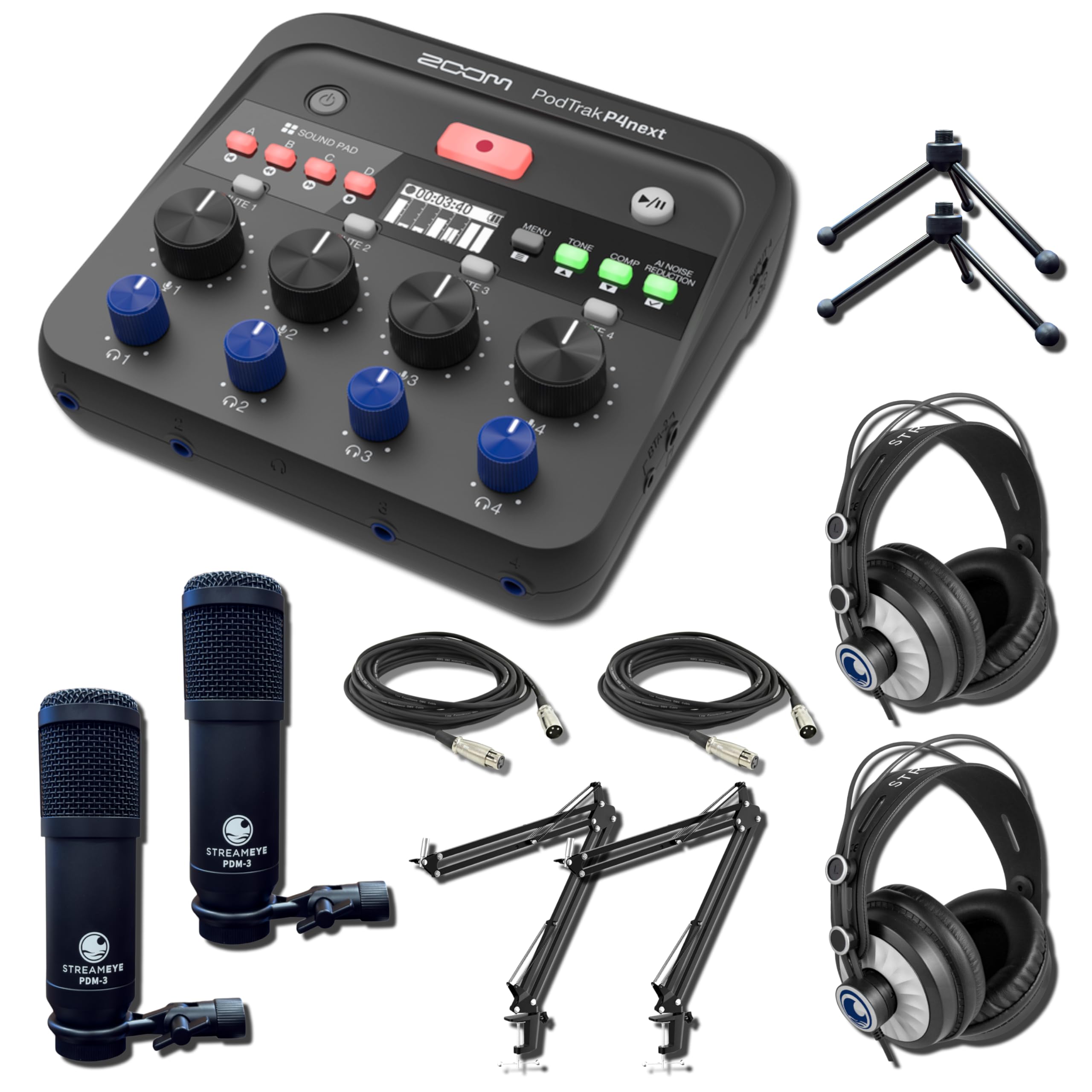 Zoom PodTrak P4next Audio Interface with 2x StreamEye PDM-3 Podcast Equipment Bundles and 2x Adjustable Microphone Boom Arms