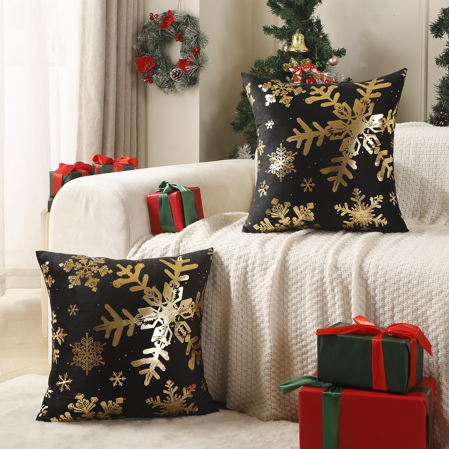 Lot De 2 Housses De Coussin Noël 40x40cm - Velours Vert, Motif Flocons De Neige, Fermeture éclair Invisible, Décoration Salon/chambre