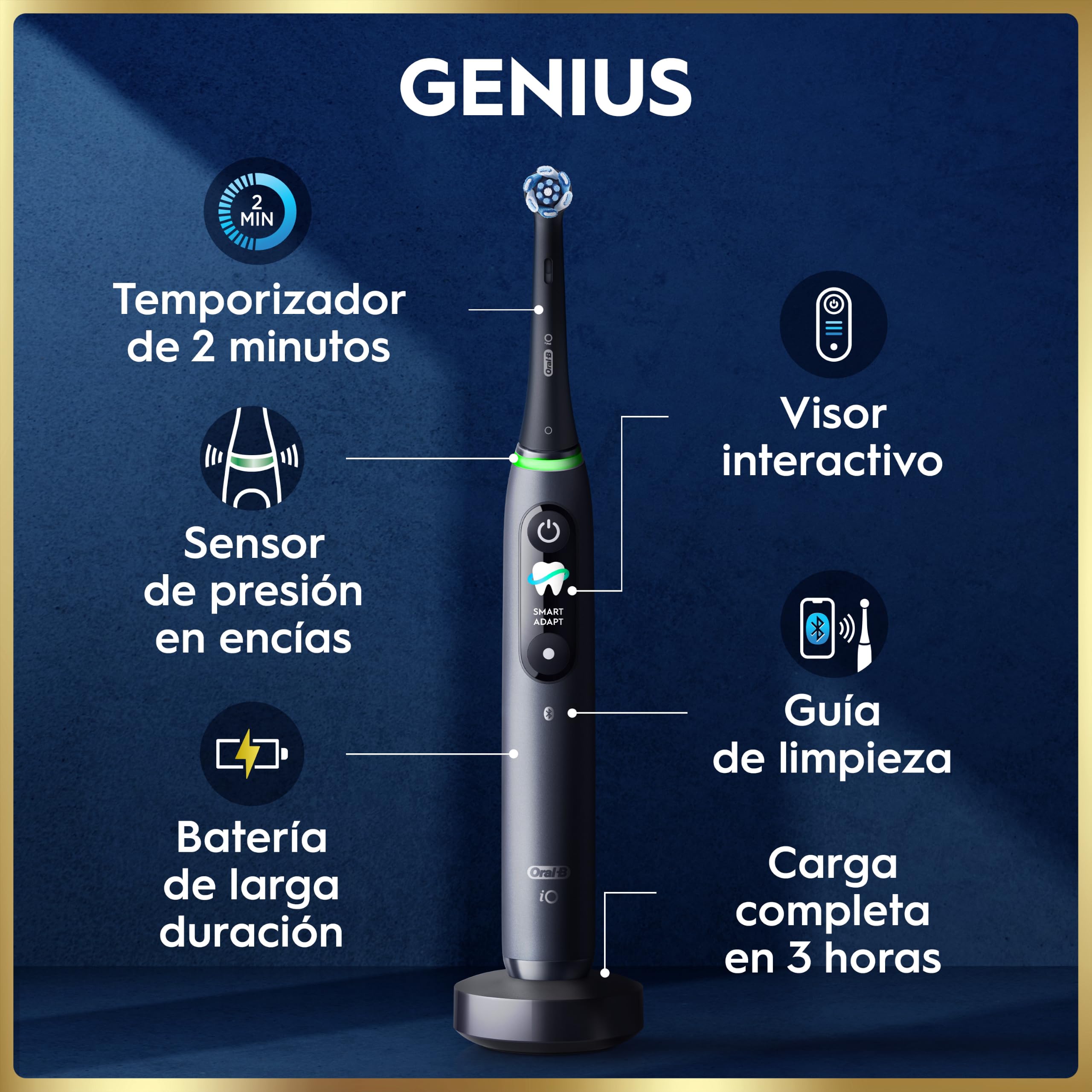 Oral-B iO 9 Cepillo de Dientes Eléctrico con 3 Cabezales, Negro - Cepillo Dental con Sensor De Presión, 7 Modos de Cepillado con Blanqueamiento Dental, Estuche Cargador de Viaje, Carga Rápida