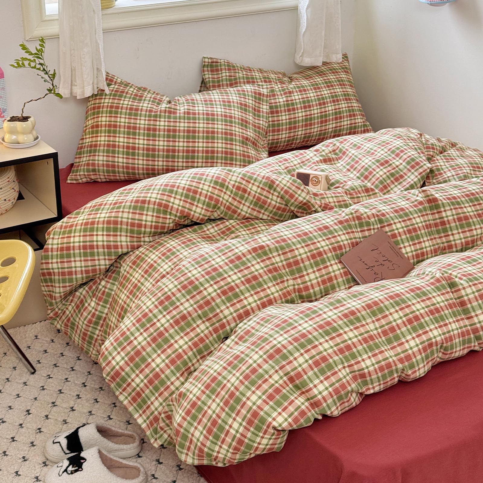 DREAMINGO Red Green Plaid Duvet Cover Twin Double-Layer Cotton Gauze Bedding Set Soft Breathable Gingham Comforter Cover with Zipper & Ties Yellowish Cream Aesthetic Bedroom Decor — image 1