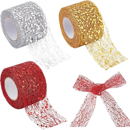 GORGECRAFT Cinta de malla brillante de 30 yardas, 3 estilos, 2 pulgadas de ancho, organza satinada, tela metálica con lentejuelas, borde de alambre