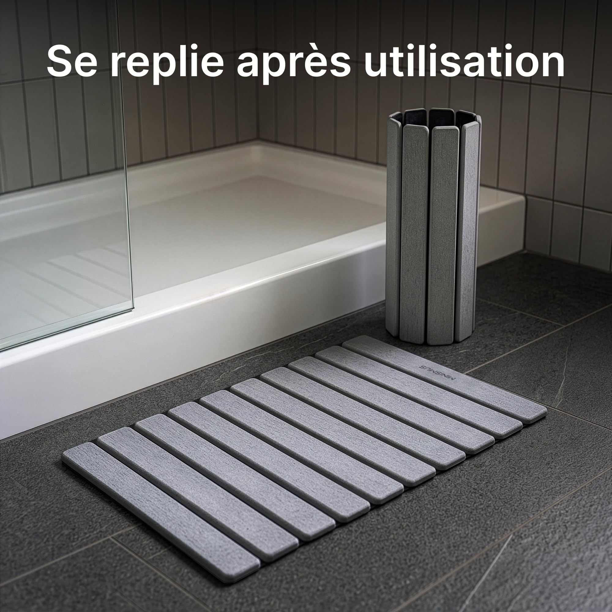 Minismus Tapis de Bain Enroulable en Diatomite 60x40cm- Tapis Pierre Absorbante et Antidérapant - Tapis de Douche Séchage Rapide Sortie de Douche (Gris Clair)