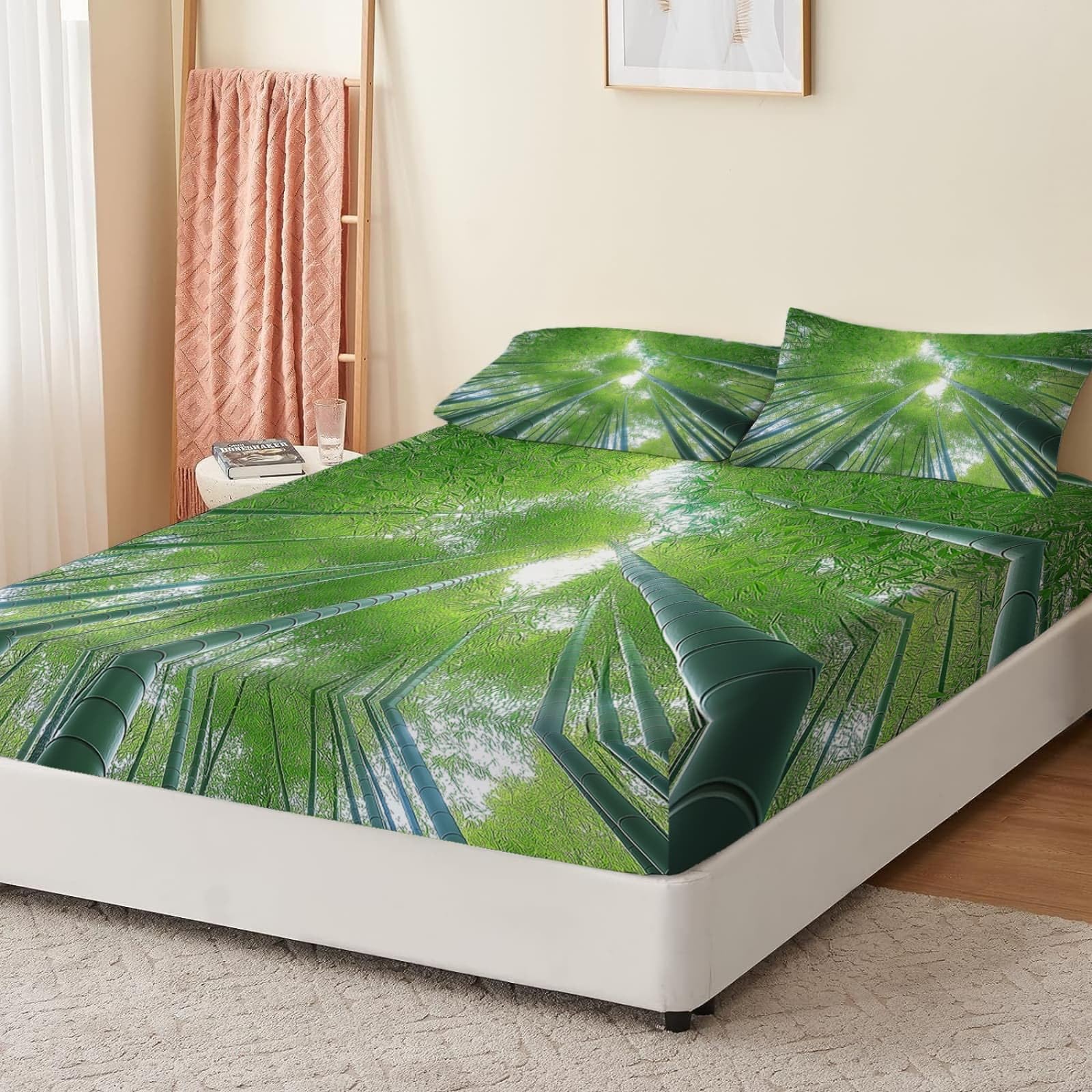 Sábana Ajustable Impresa 160 X 200 Cm X30Cm Transpirable Tacto Suave Sábana Bosque De Bambú Verde Tranquilidad Sábana Bajera Verde Oscuro Verde Claro Juego De Cama para con 2 Fundas De Almohada