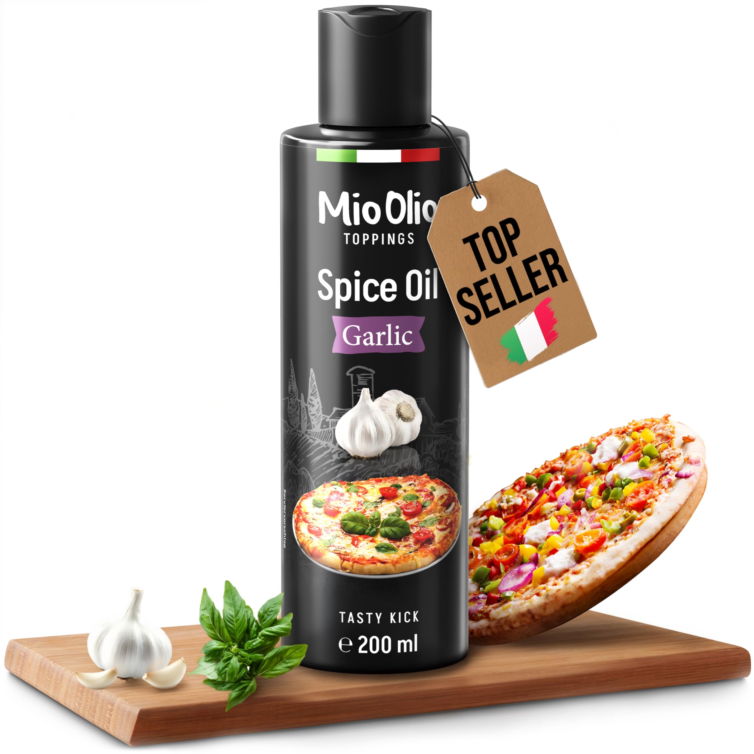 Mioolio 200 ml Aceite de Ajo - Aceite Aromático para Pizza, Pasta, Verduras y Carne - Sin Conservantes, Sin Gluten