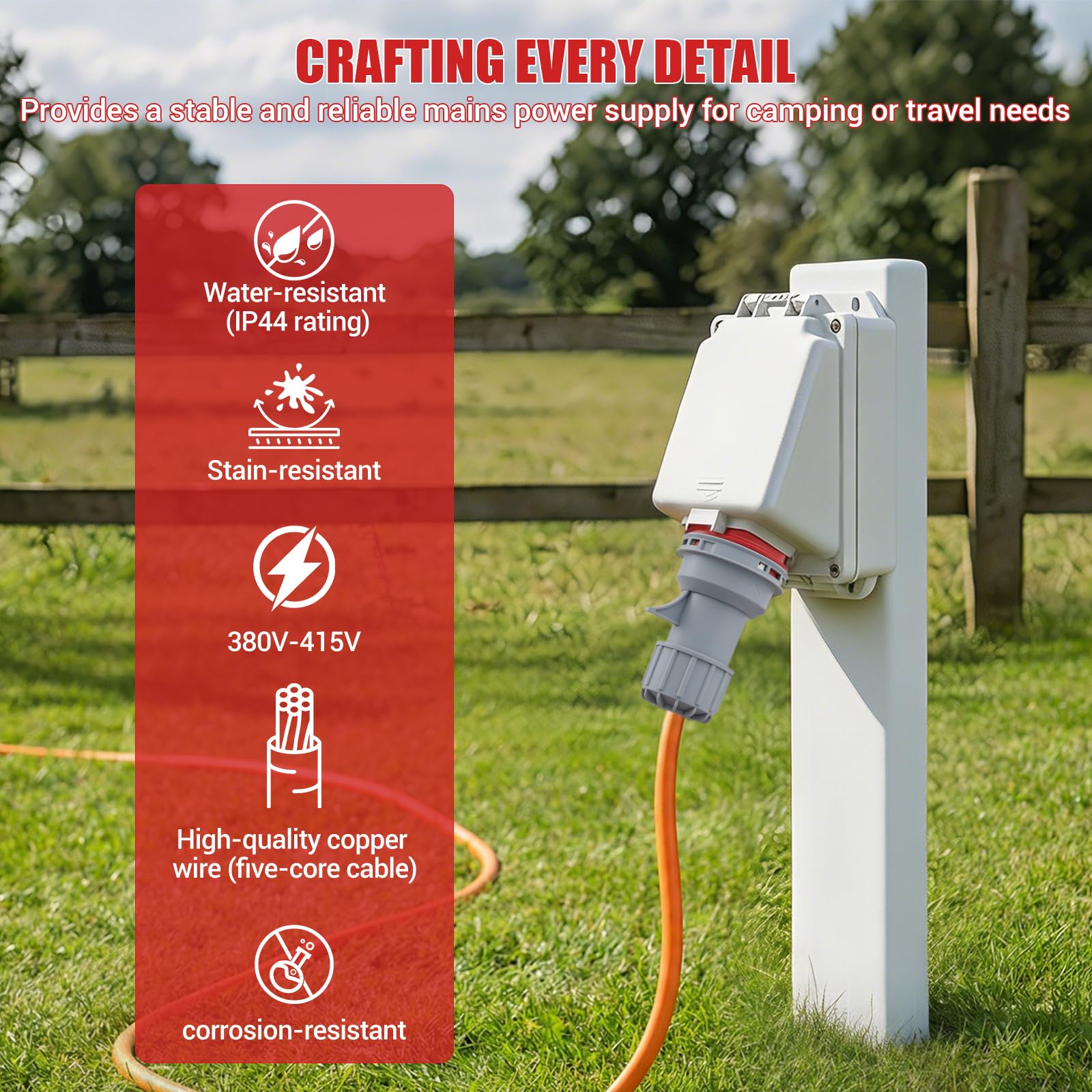 CEE-Verlängerungskabel 32A 25m für Camping – Industrielles Kabel 240V 5G2,5mm², IP44 Außenbereich, Signalfarbe Orange, Made in Germany, für Wohnwagen und Wohnmobil