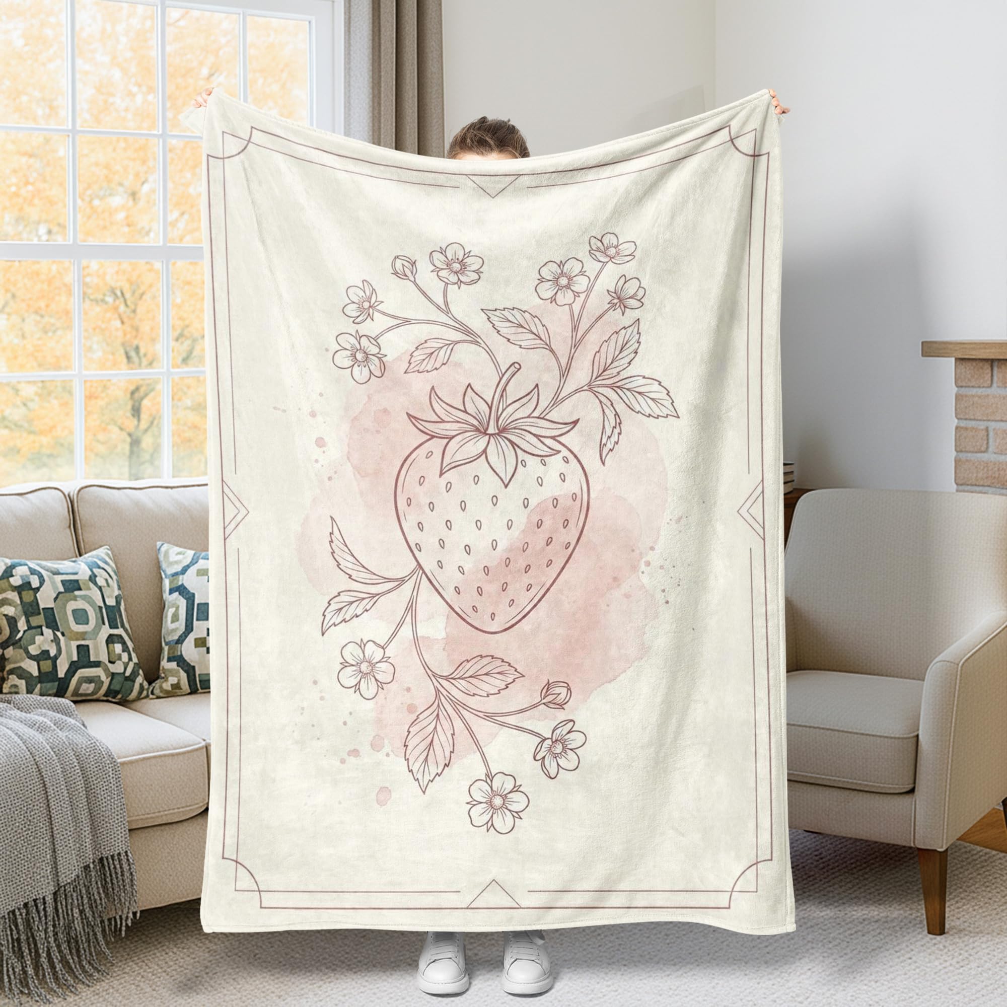Couverture en fourrure motif fraise plaid fleurs botaniques vintage pour lit