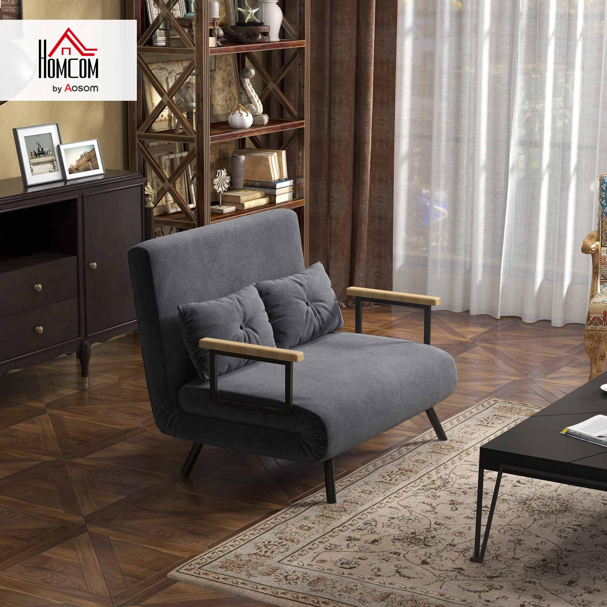 HOMCOM Schlafsofa 4 in 1 2 Sitzer Sofa mit Schlaffunktion, 183 x 98,5 cm Klappbar Couch Schlafcouch mit 5-stufig Verstellbarer Rückenlehne, Lendenkissen und Samtoptik für Wohnzimmer, Dunkelgrau
