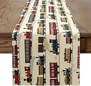 Cartoon Train Table Runner Retro Transport Vehicles Car Table Runners Vintage Trains Tracks Waterproof Rectangular Runner for Dinner,Holiday Party,13X120 Inch