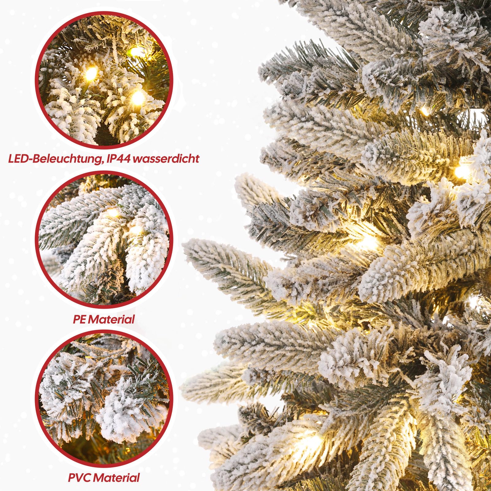 Yorbay Albero di Natale Slim, con Luci LED e Fiocchi di Neve, Supporto in Metallo, Albero Natalizio Artificiale Innvevato, per Decorazioni Natalizie (210cm)