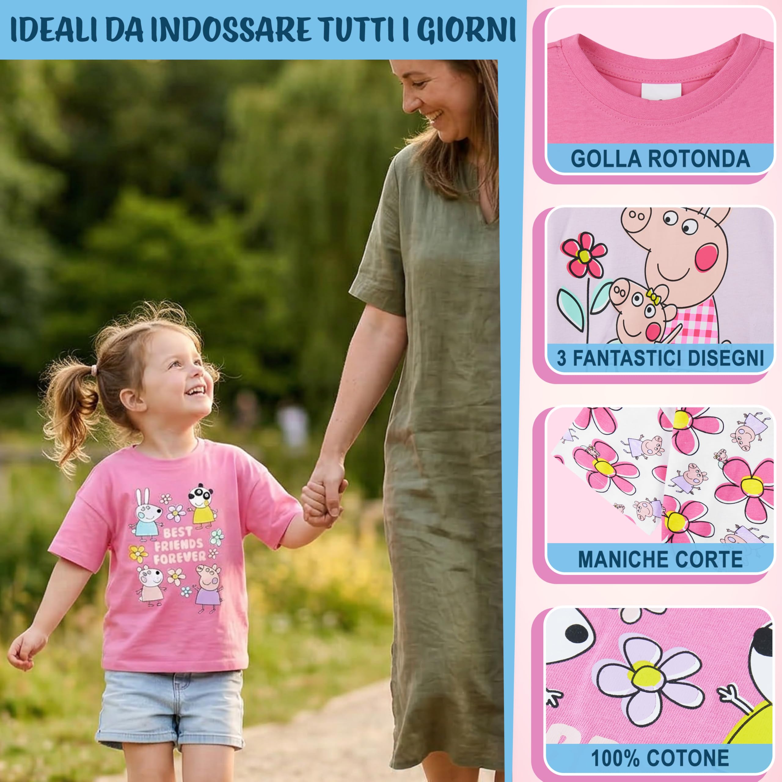 Peppa Pig Magliette Bambina 18 Mesi-5 Anni, Set 3 T-Shirt Cotone Manica Corta, Abbigliamento Bambina Estivo, Idea Regalo Ragazza